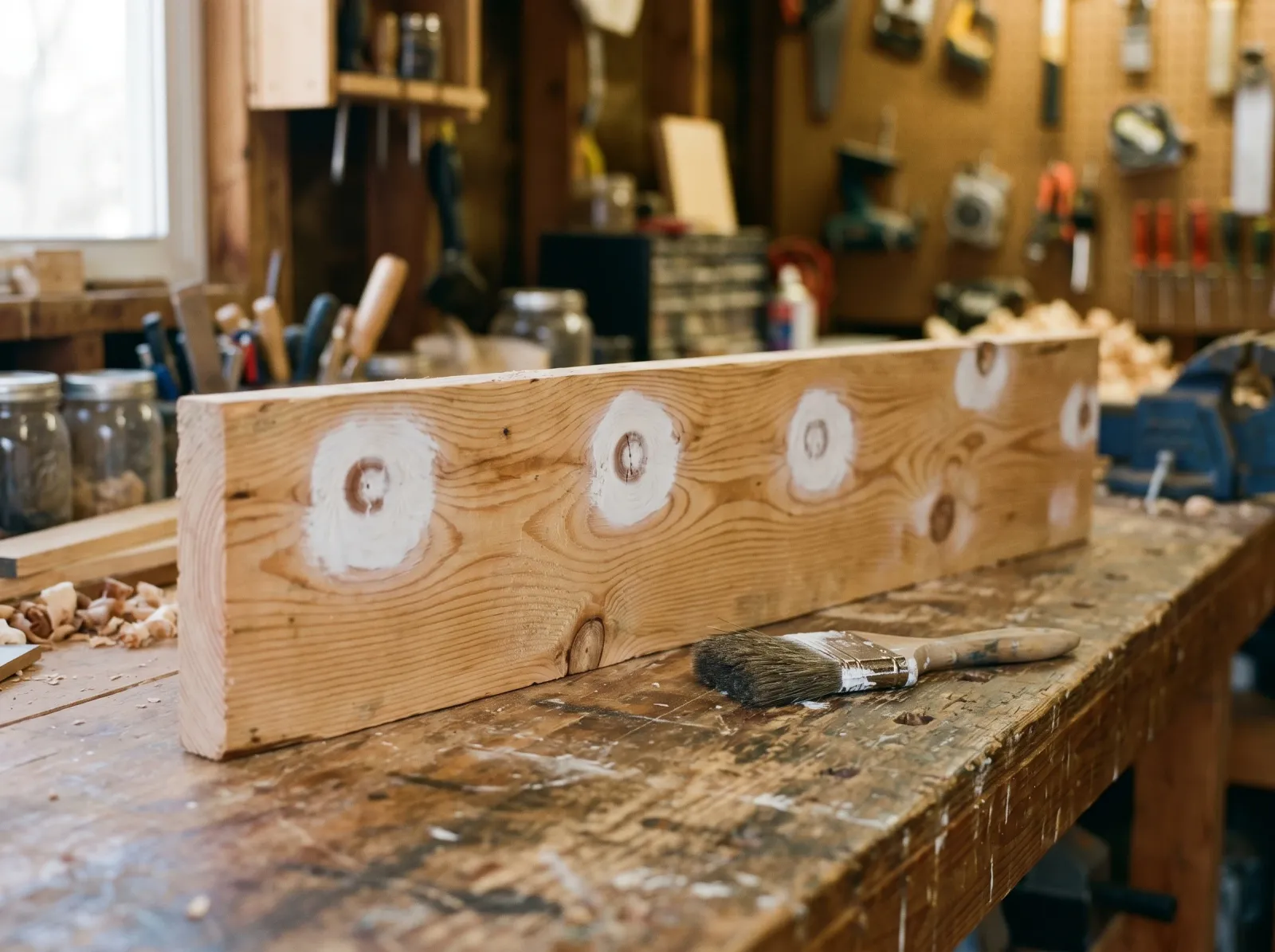 Pine board with knots sealed under an even coat of white shellac primer, brush resting nearby
