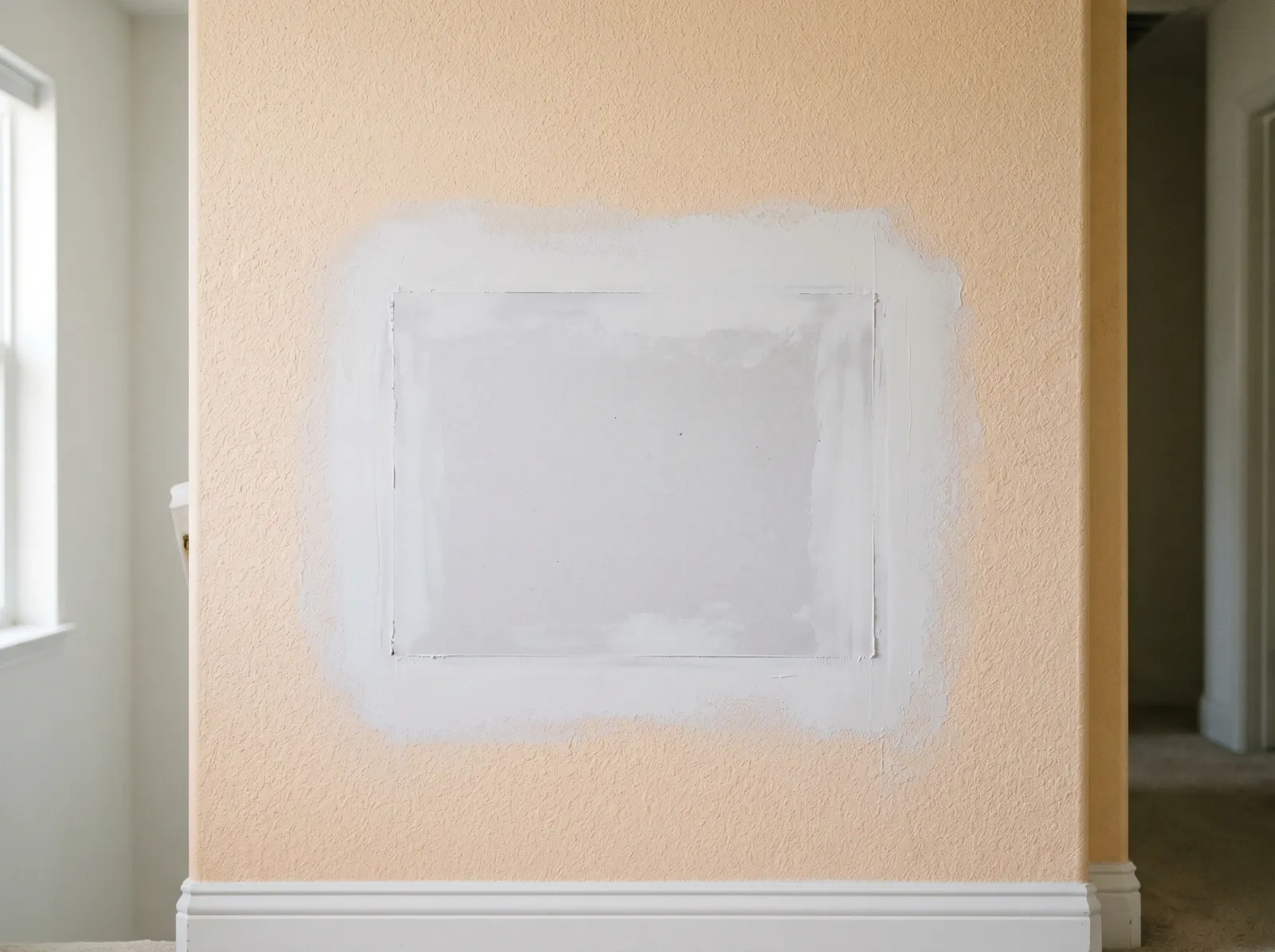 Sanded and primed drywall patch ready for texture, surrounded by orange-peel wall