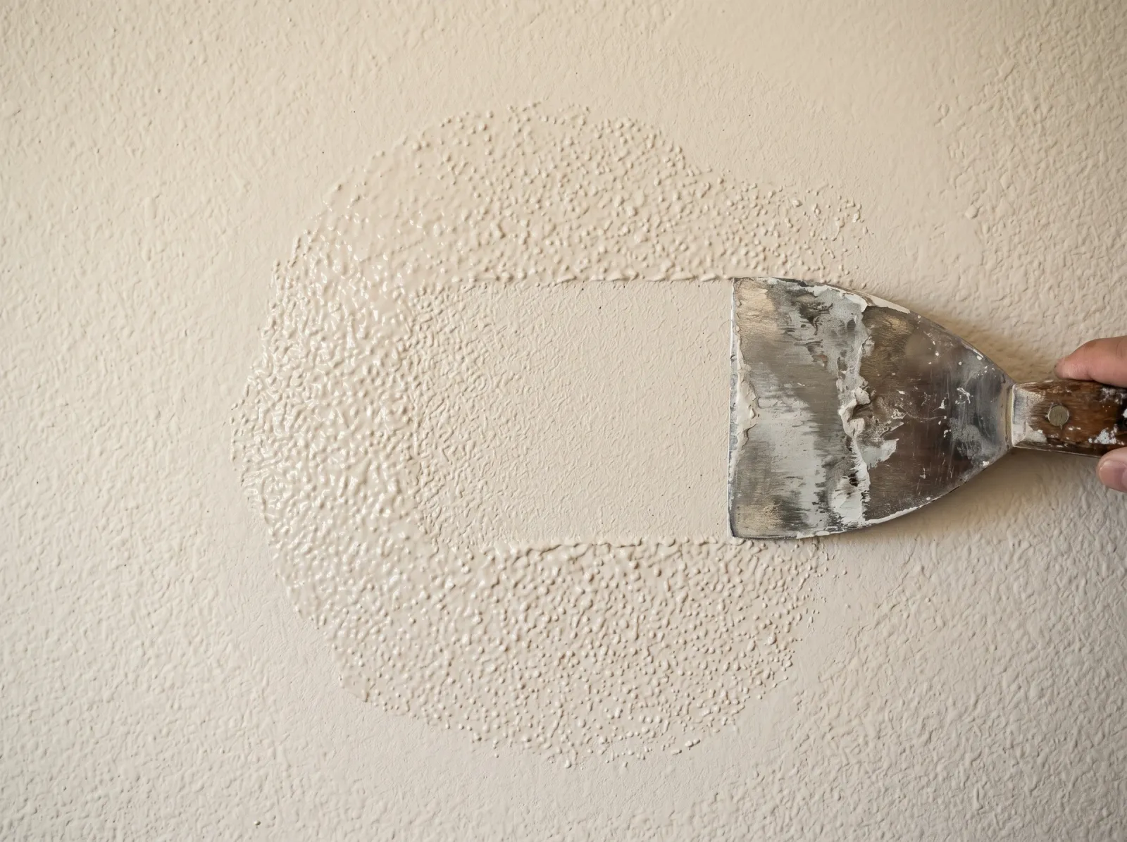 Fresh sprayed texture over a patch blending into the surrounding wall