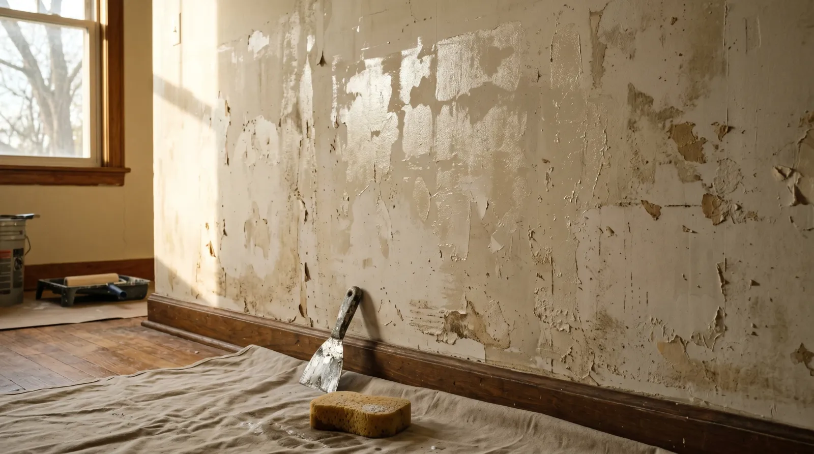 Stripped drywall wall showing a patchy glossy film of dried wallpaper paste under raking light
