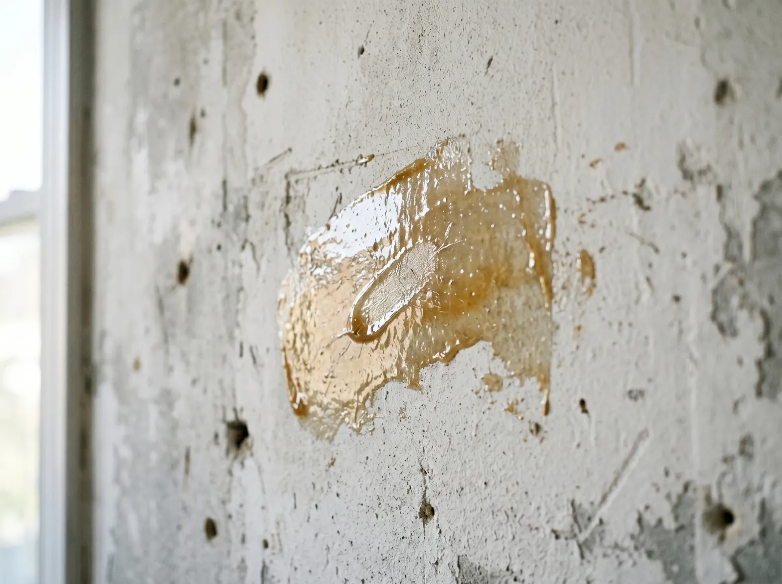 Glossy sticky patch of leftover wallpaper paste on a stripped drywall wall