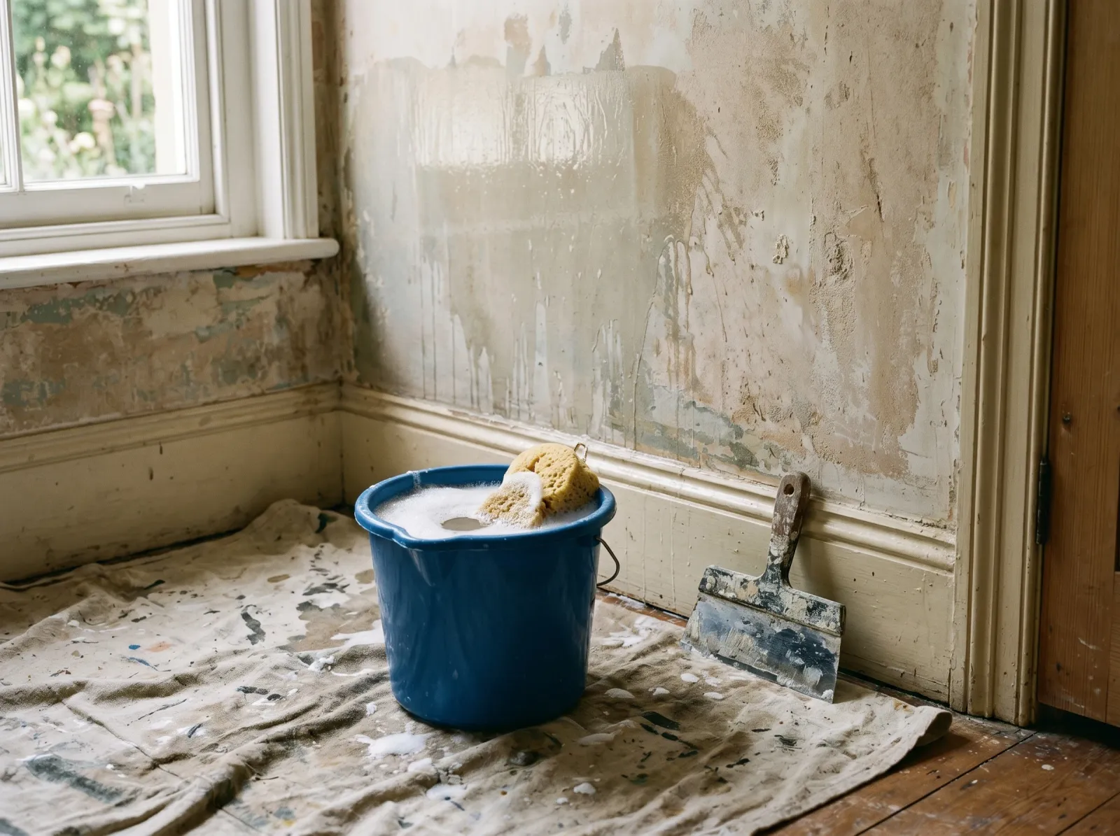 Bucket of warm water and sponge beside a wall mid-wash to dissolve wallpaper paste
