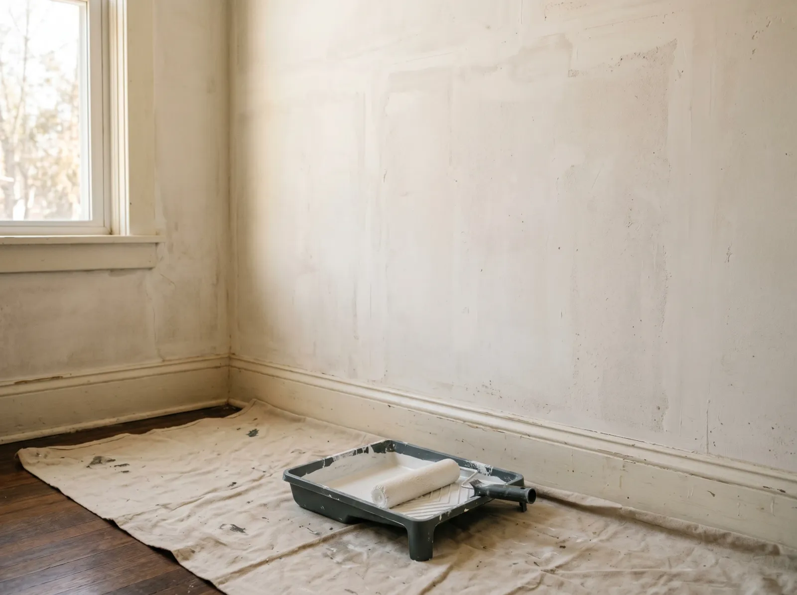 Clean matte stripped wall with primer and roller ready, all paste residue removed