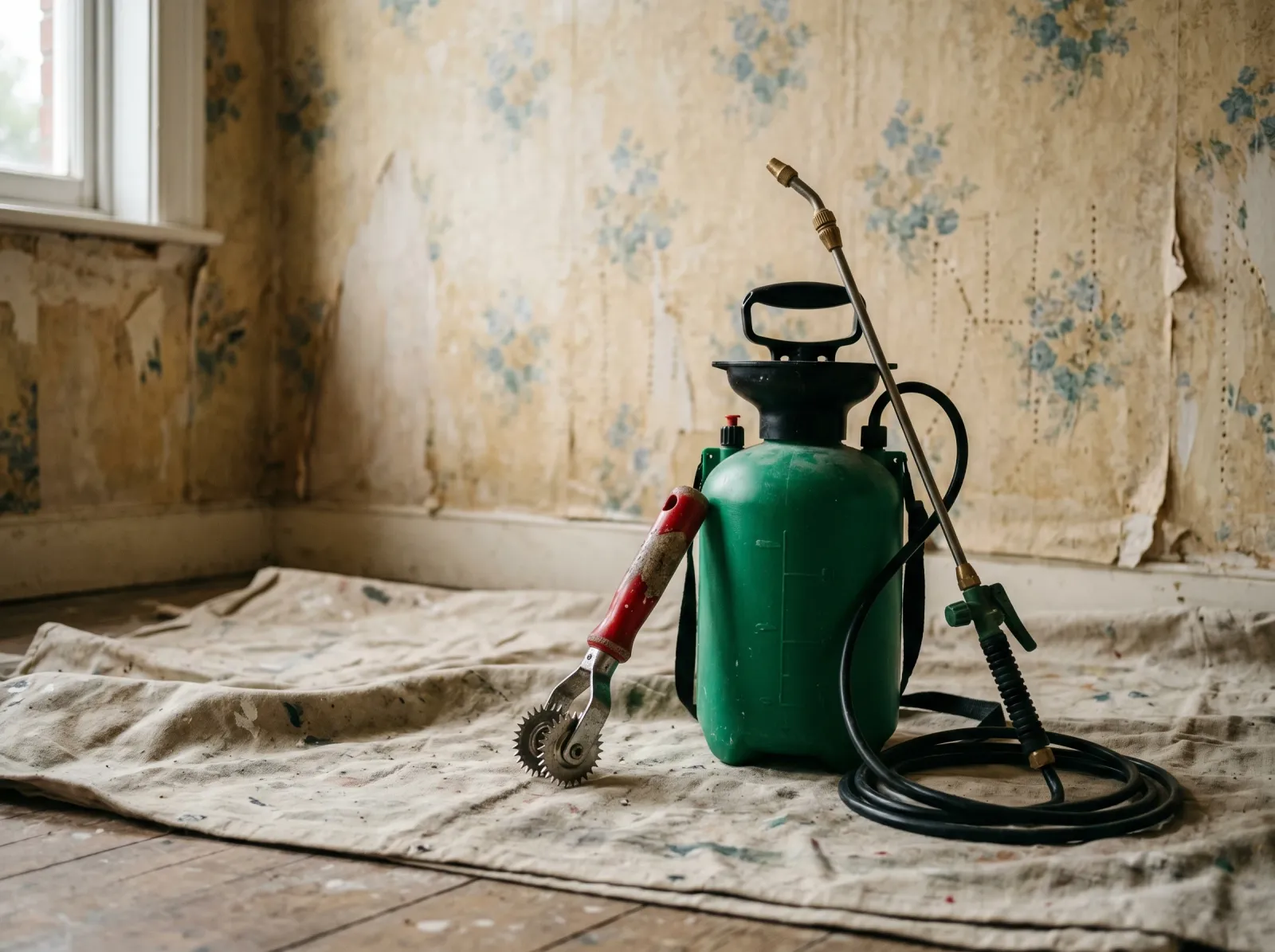 Scoring tool and pump sprayer on a drop cloth in front of a papered wall