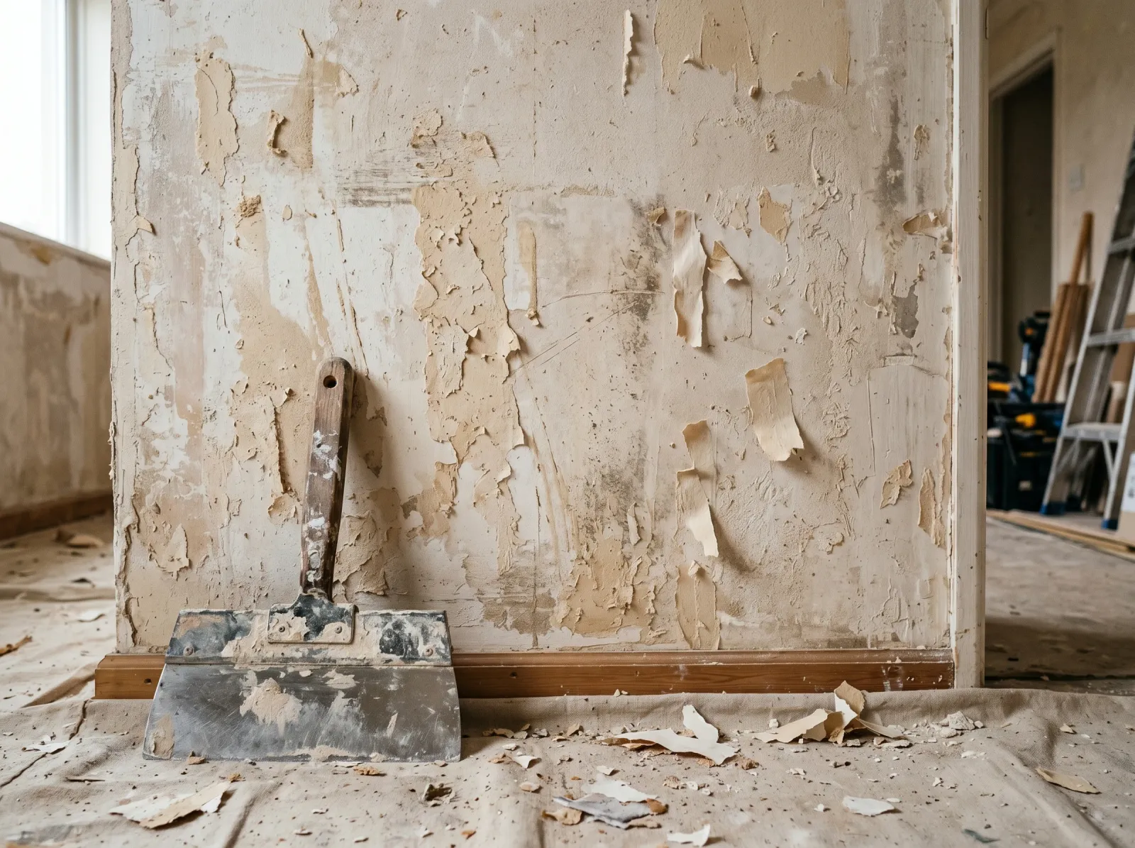 Wall stripped of wallpaper with patches of dried paste residue and a wide putty knife leaning against it