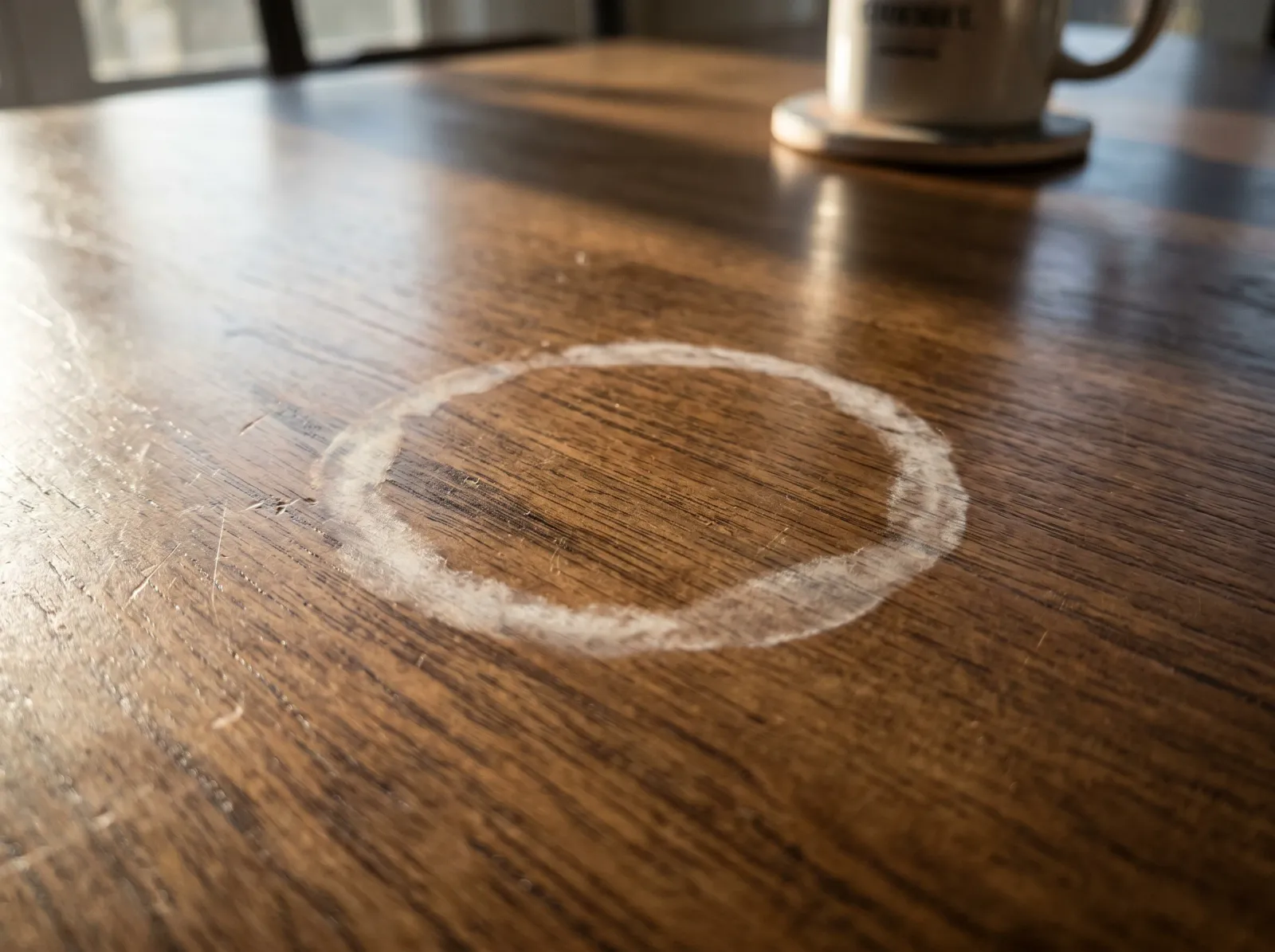 Close-up of a white water ring sitting in the clear finish of a wood tabletop