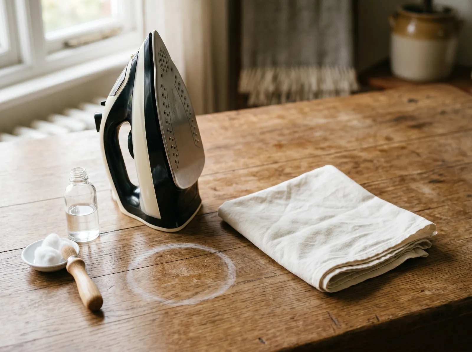 Wood tabletop staged with a dry cloth and an iron next to a fading white ring