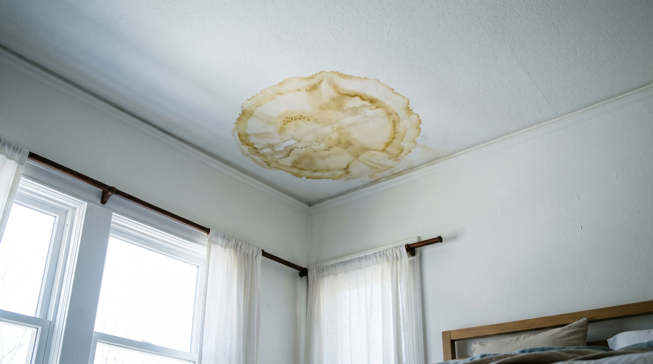 Yellow-brown water ring stain on a white drywall bedroom ceiling near a corner