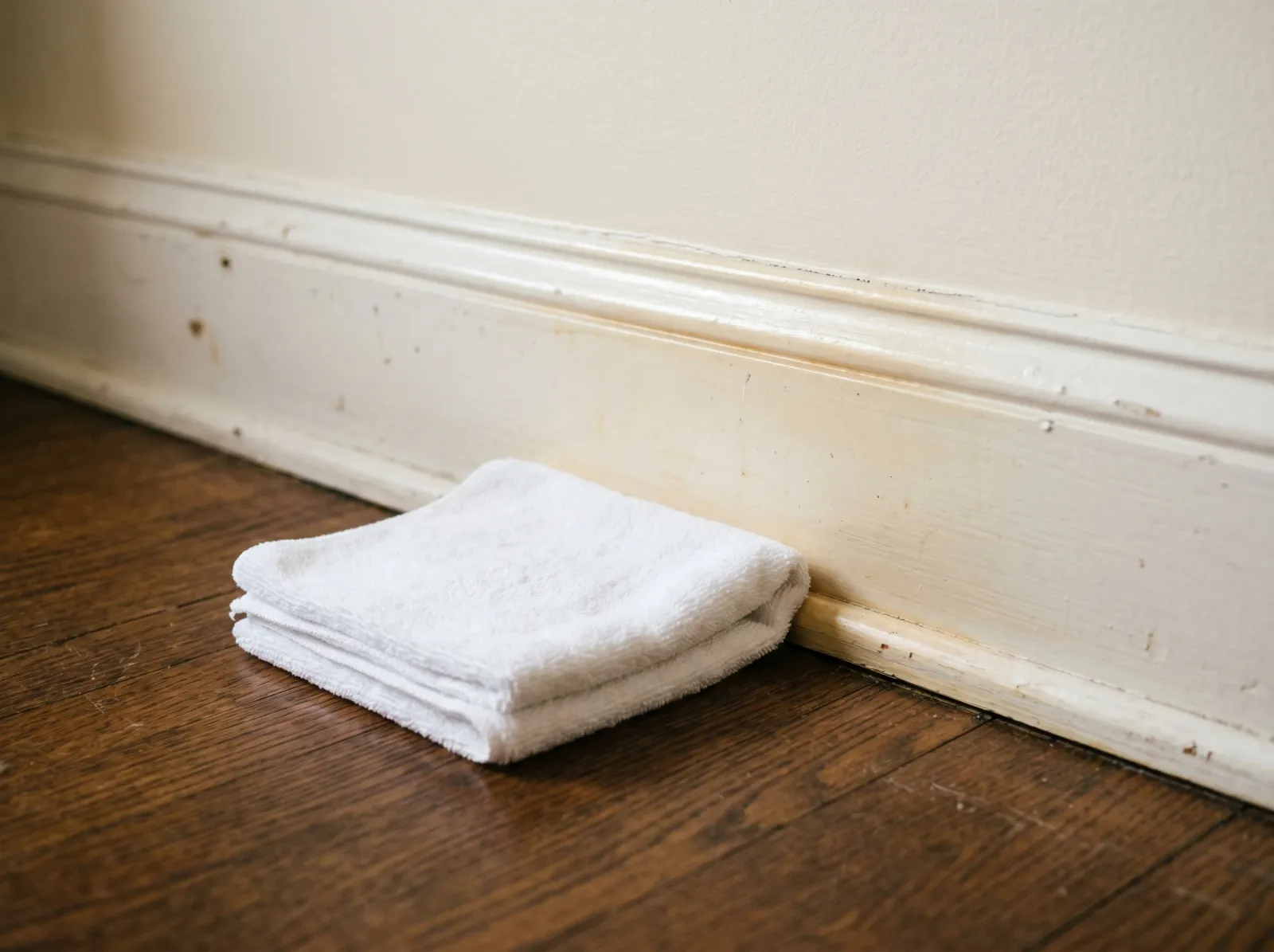 Aged amber baseboard beside a bright white microfiber cloth used as a color reference