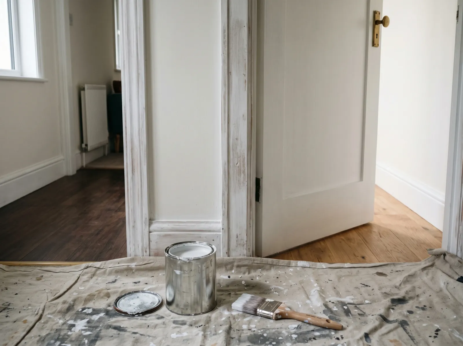Door casing scuff-sanded and spot-primed in matte white with a brush and can on a drop cloth