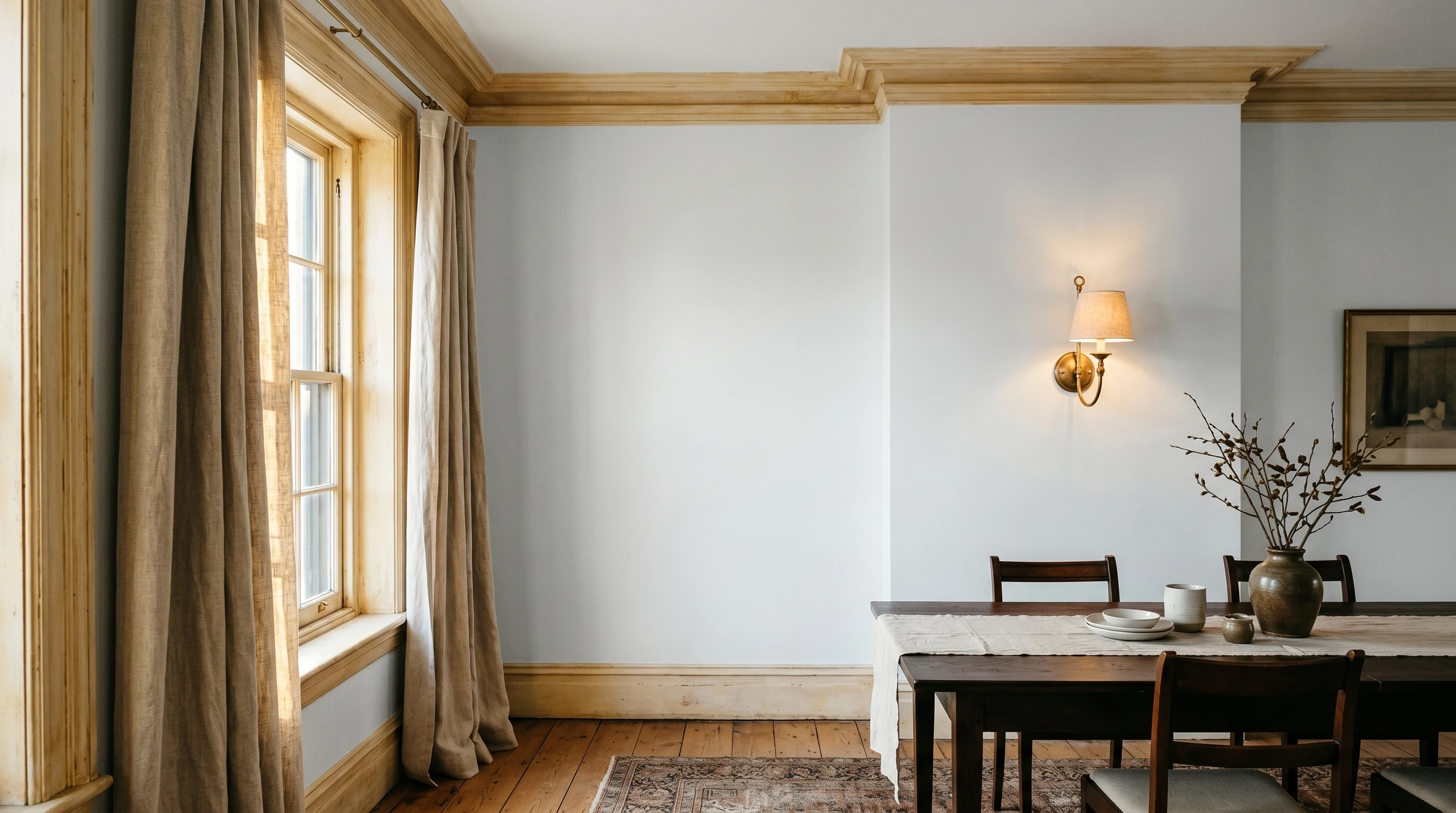 White interior trim aged to amber against a freshly painted cool white wall in late afternoon light