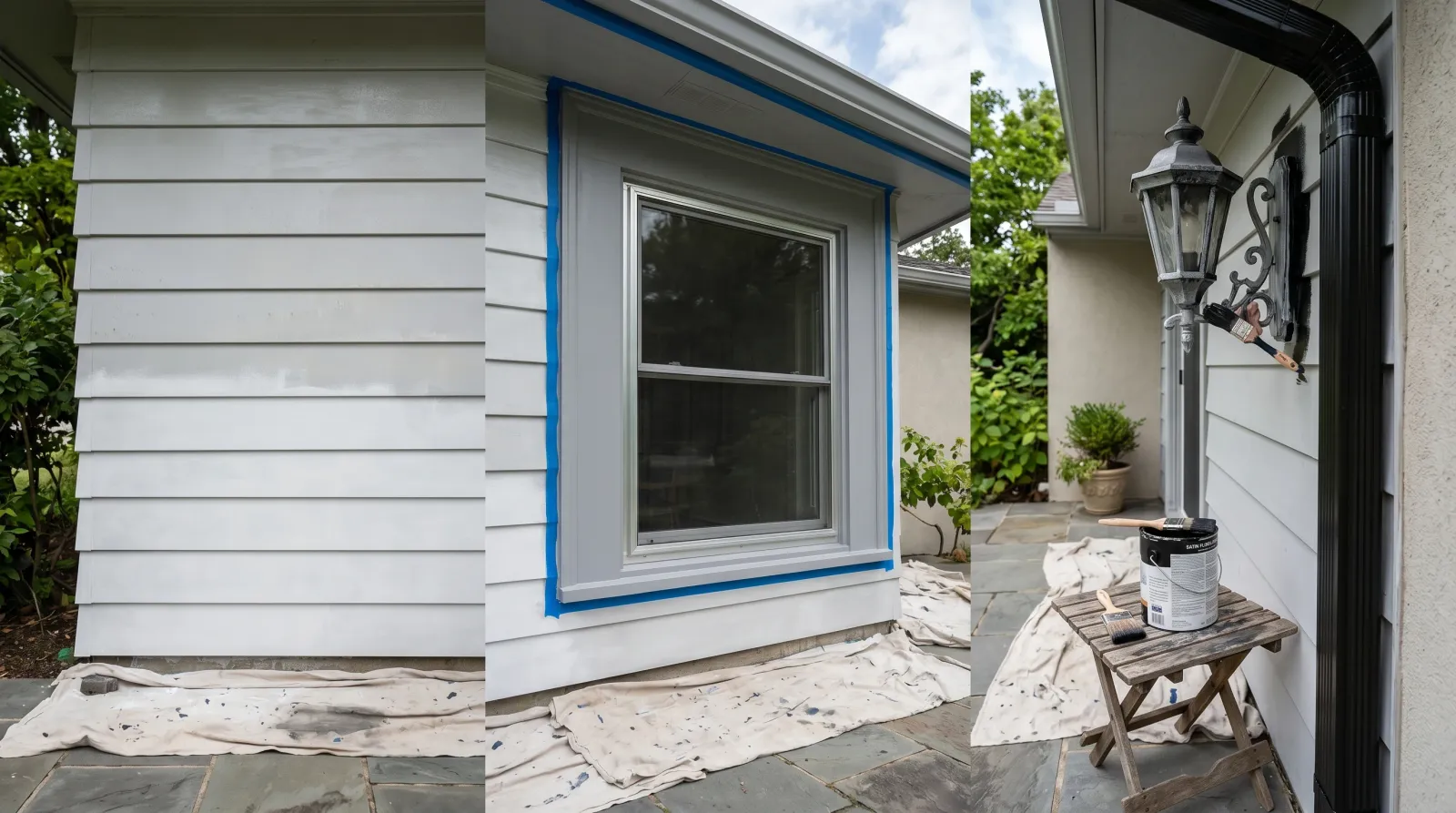 Residential exterior with aluminum lap siding, window trim, and a porch light fixture at three stages of cleaning, etch-priming, and topcoat