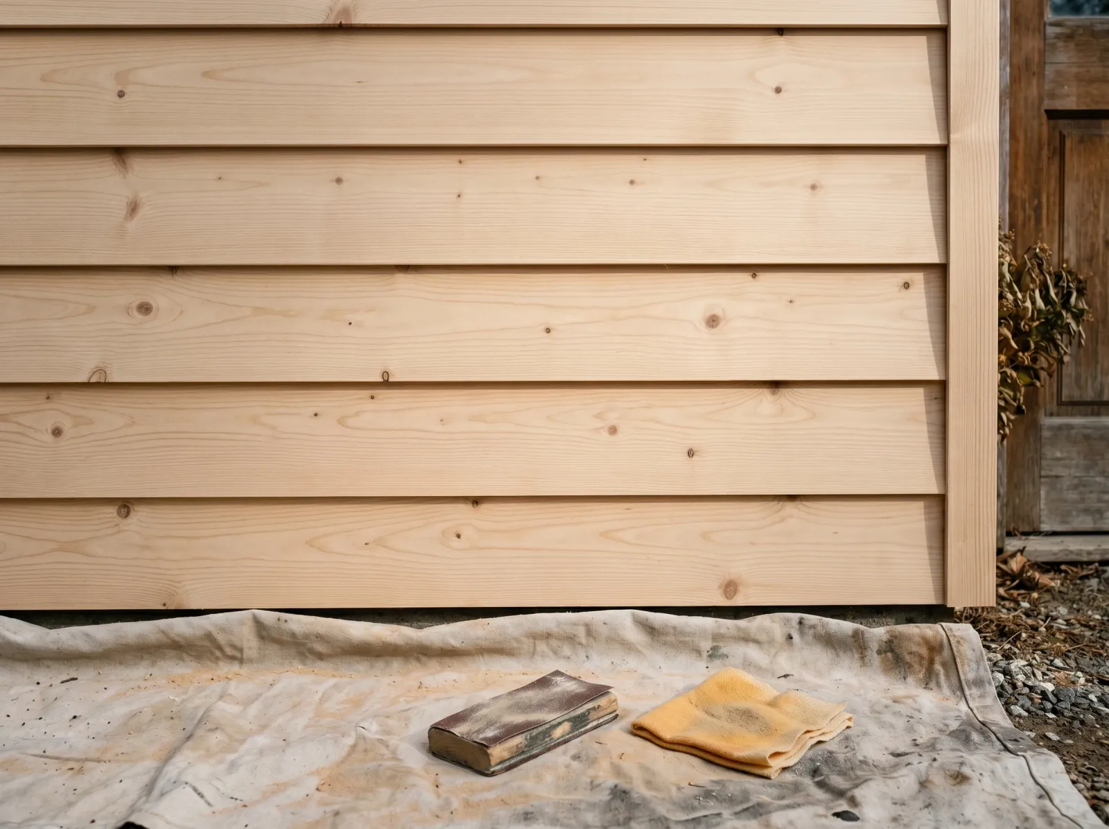 Bare exterior wood wall after washing and a light sanding pass