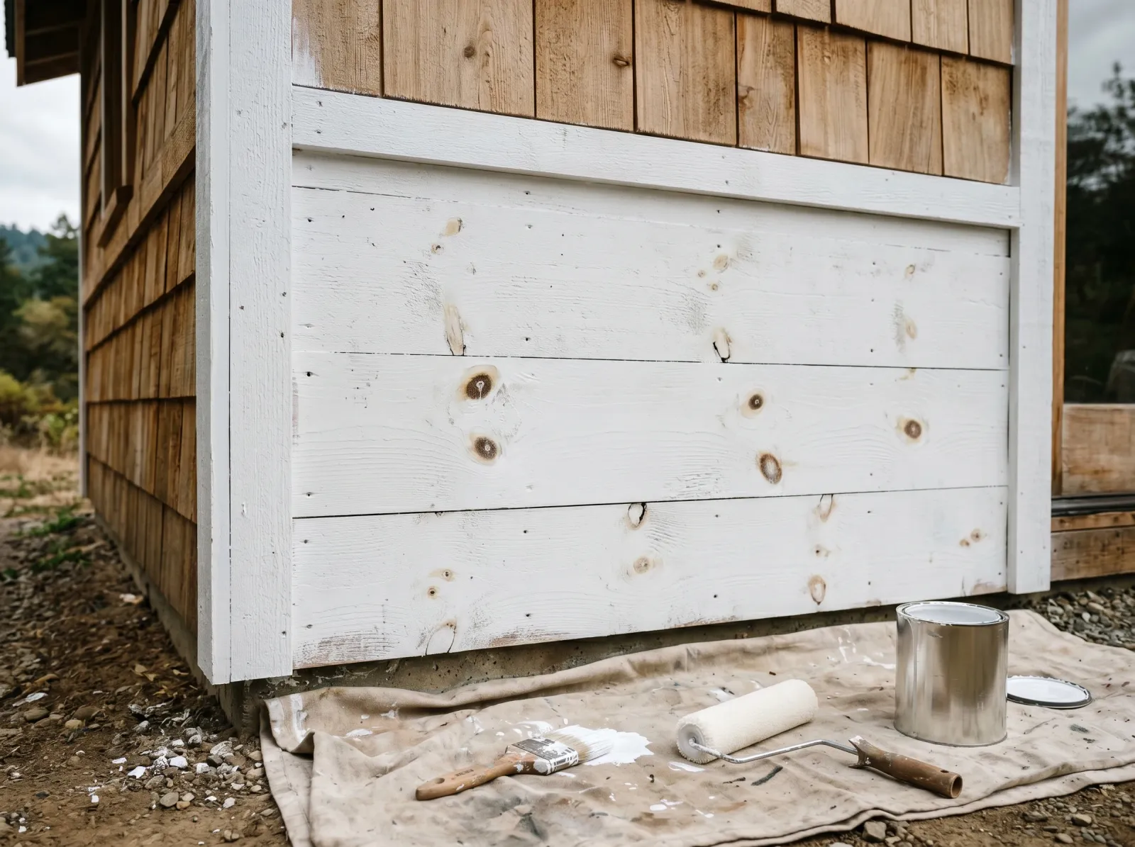 Exterior wood wall with knots spot-primed and a full coat of white primer