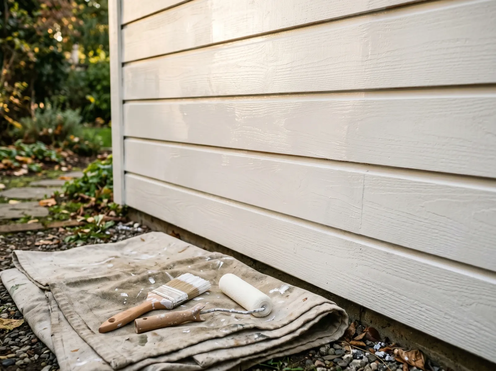 Exterior wood wall with a first finish coat of acrylic drying