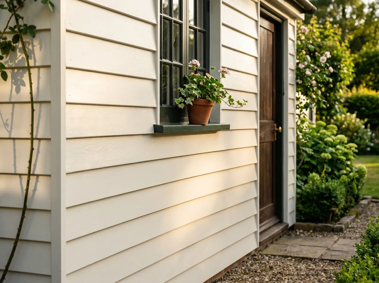 Finished painted exterior wood wall in warm white with two coats cured
