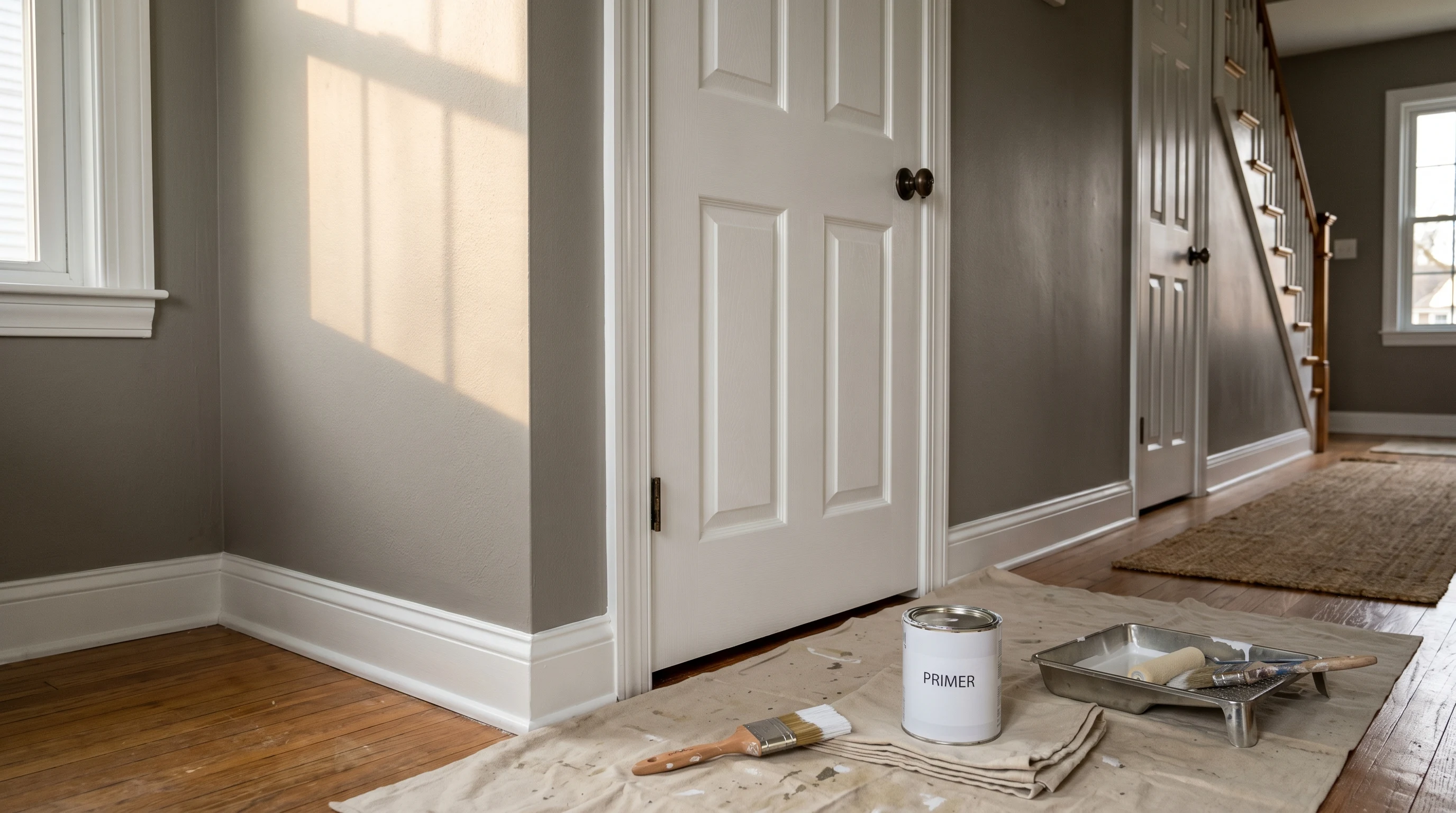 Freshly painted white interior door and pine trim, raking afternoon light