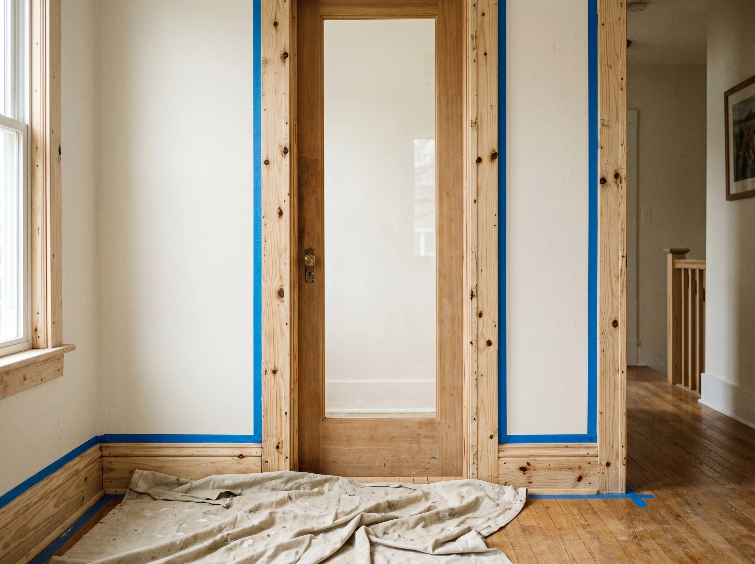 Bare pine interior trim with visible knots, masked and ready for prep