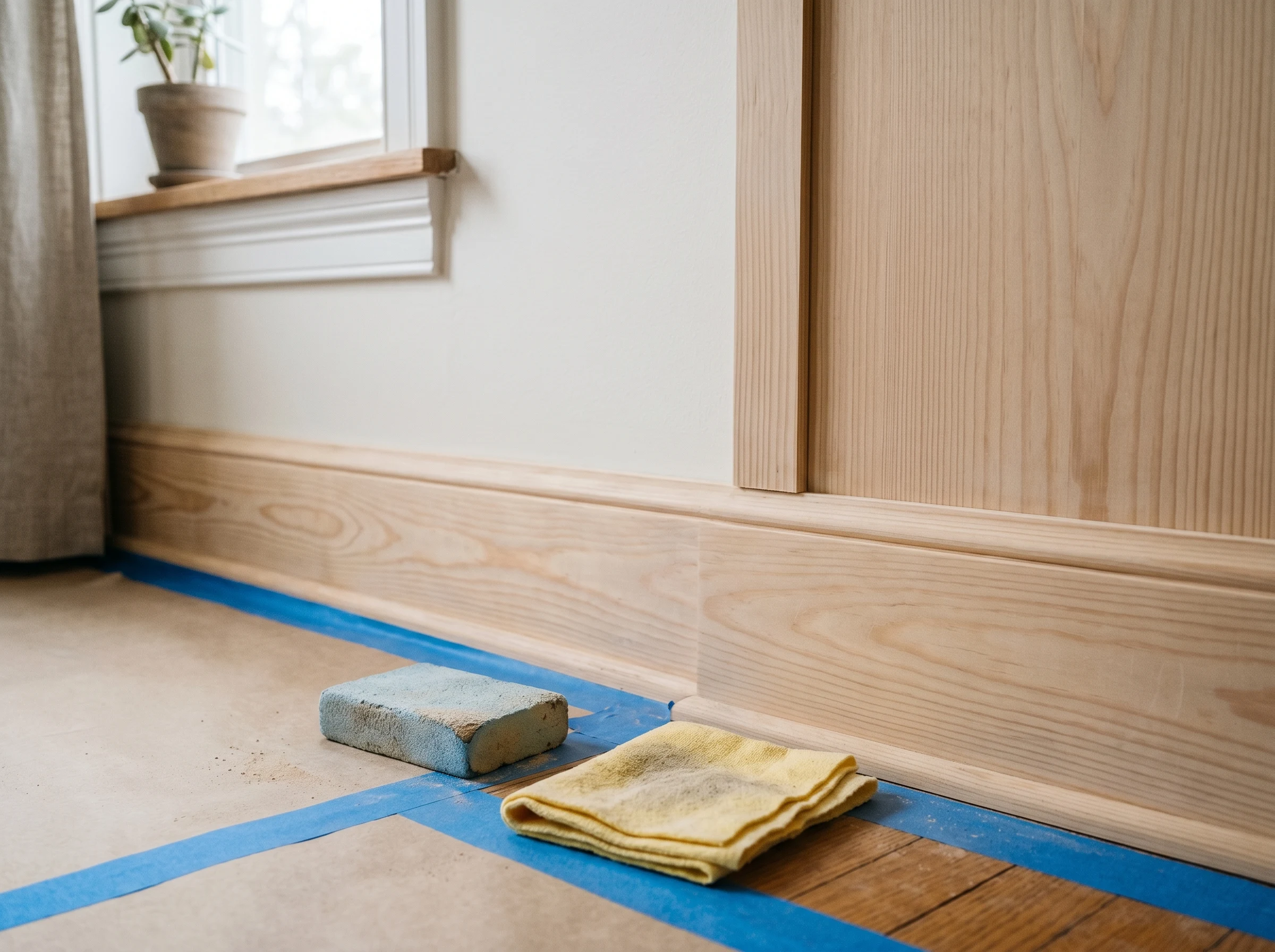 Pine trim and panel after sanding, surface hazy and dust pulled