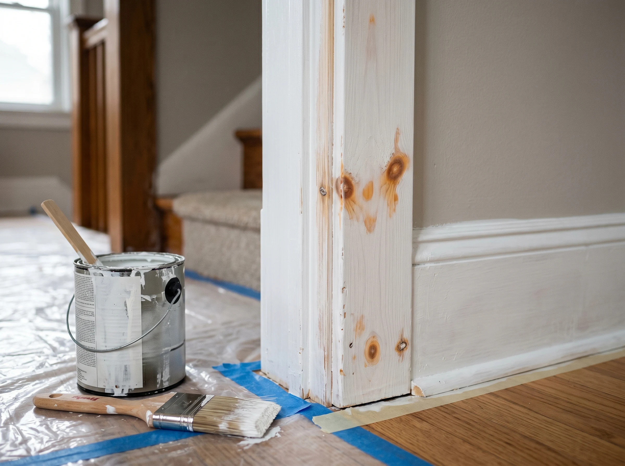Pine trim primed white with knot-sealer spot-coats showing through