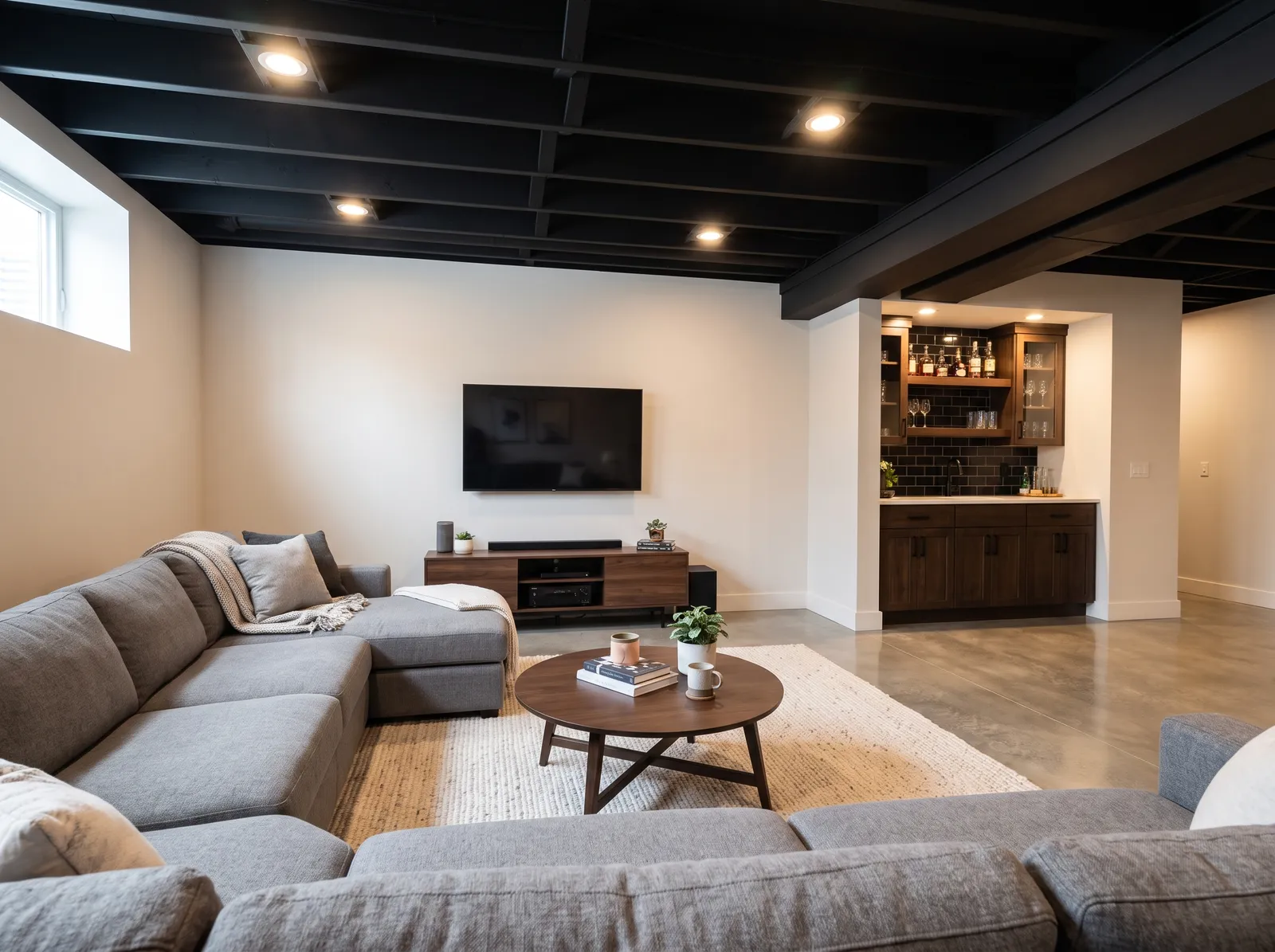 Basement painted in Hacienda White — Warm White Loft