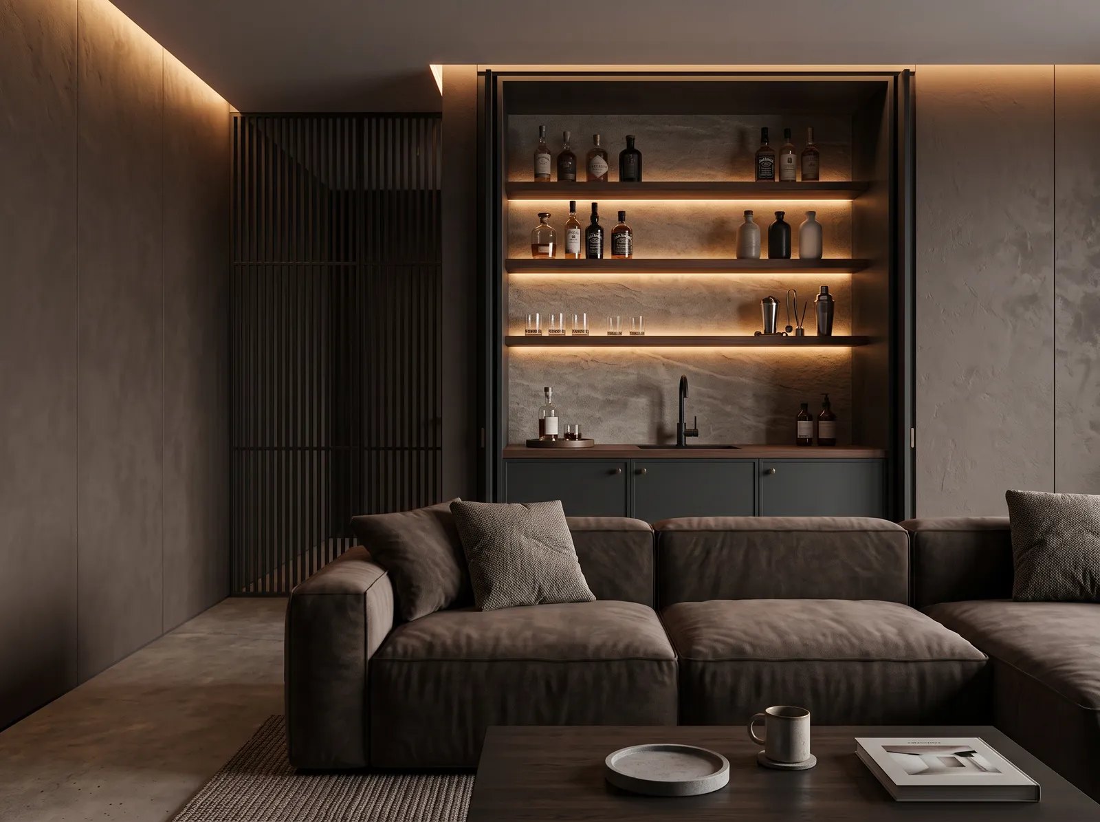 Basement painted in Shadow Wood — After-Dark Lounge