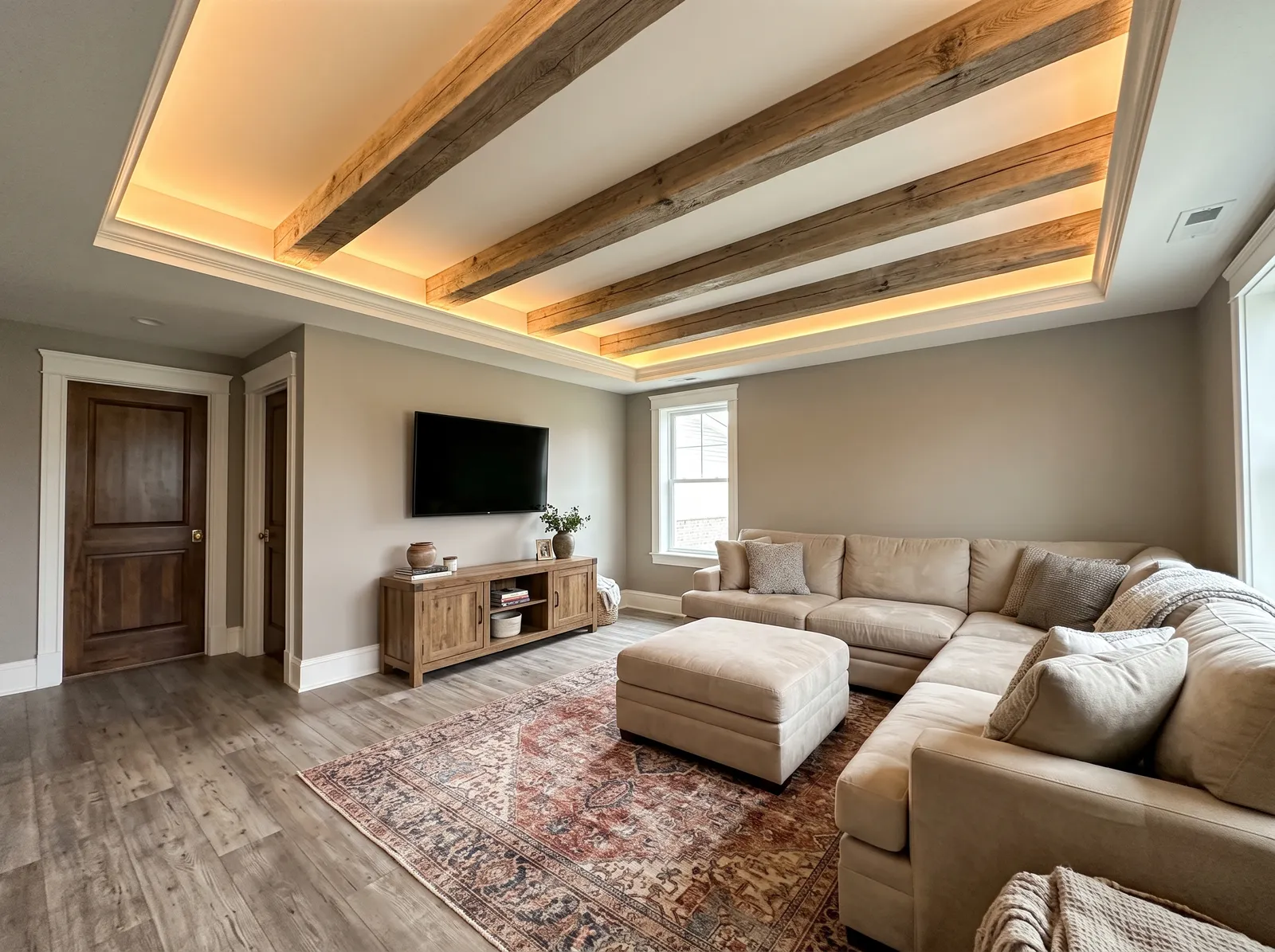 Basement painted in Packed Sand — Greige Beam Sanctuary