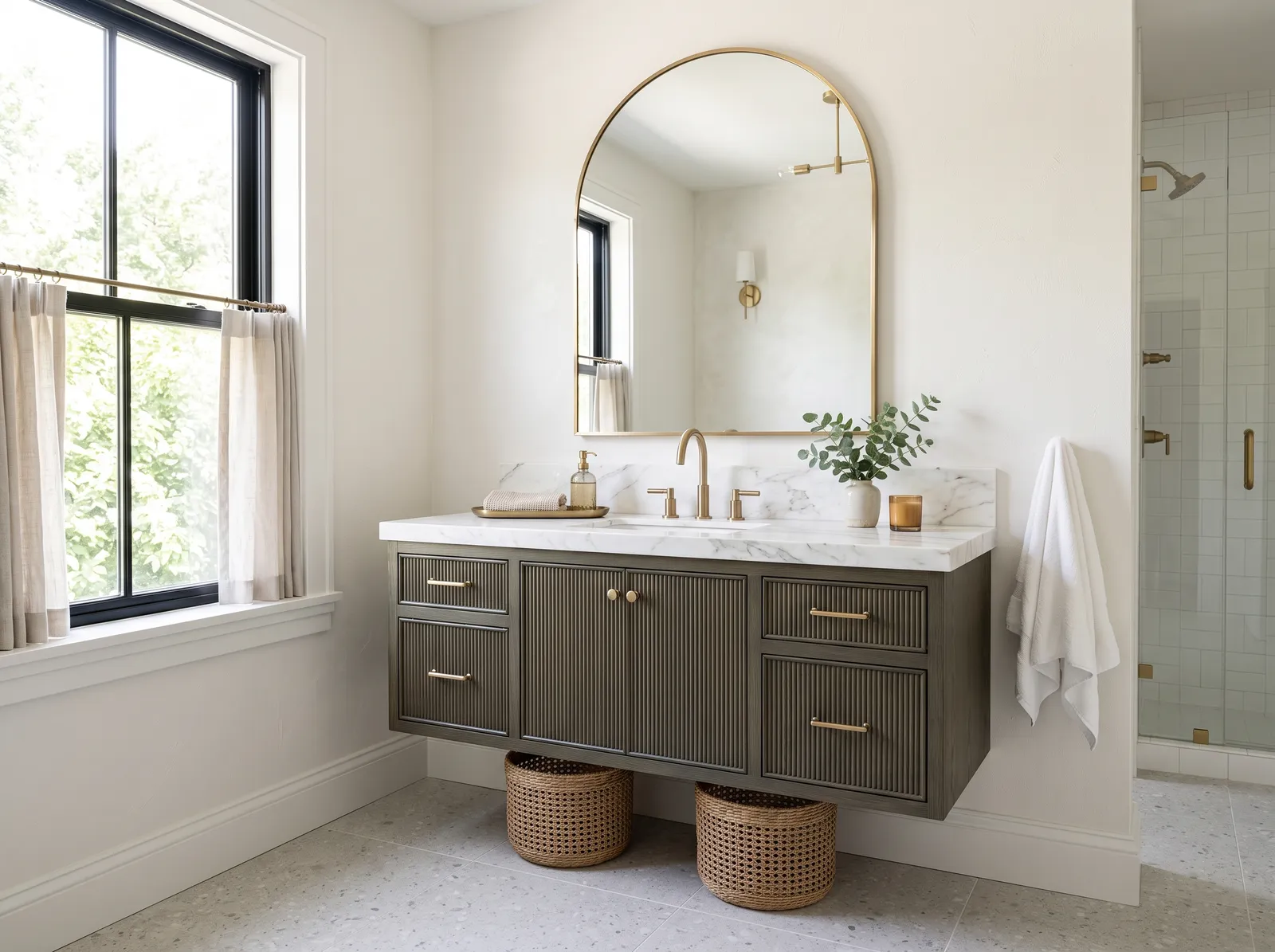 Vanity painted in White Dove — Deep Dusky Green Vanity