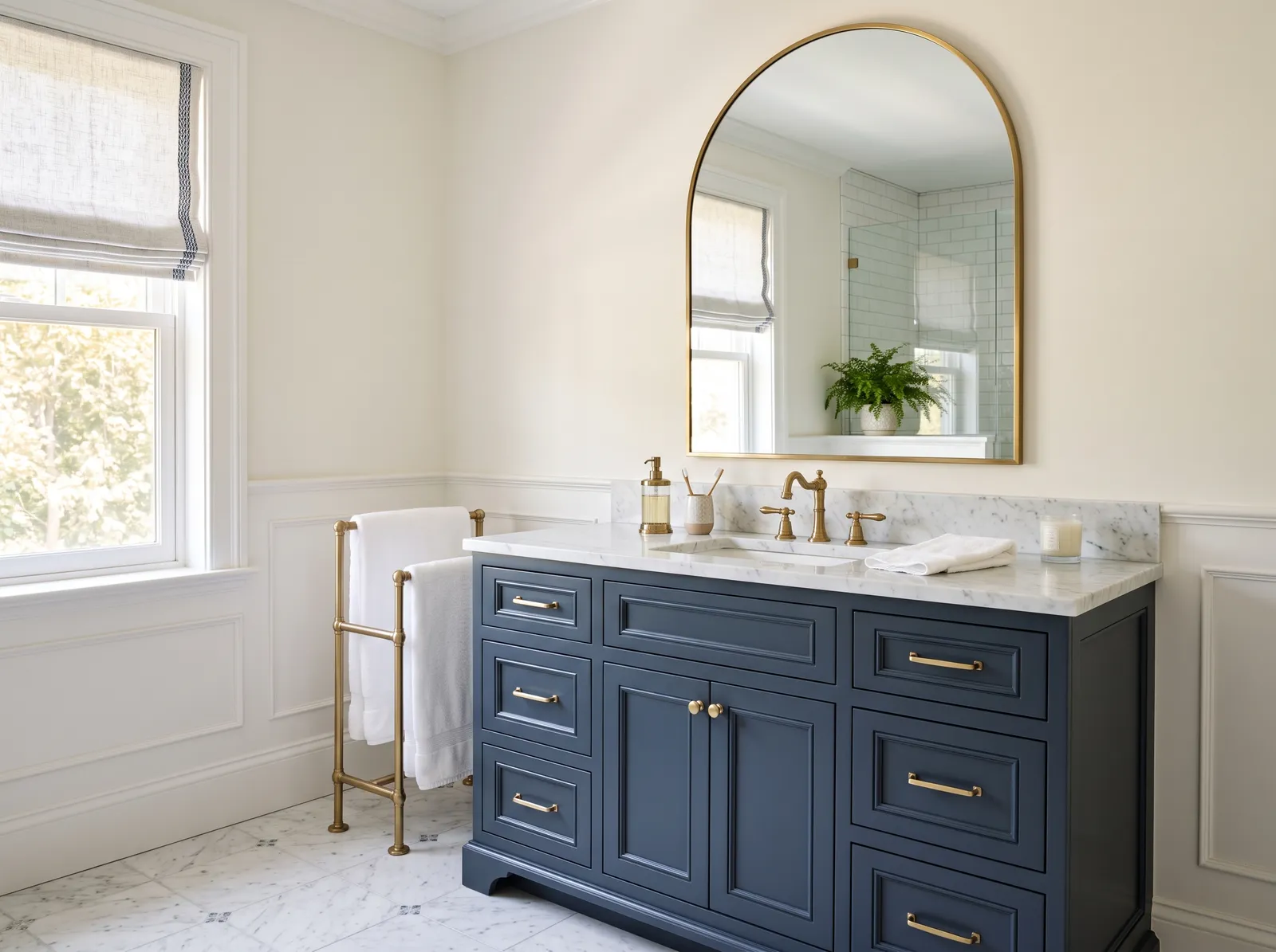 Bathroom painted in White Dove — Navy Vanity