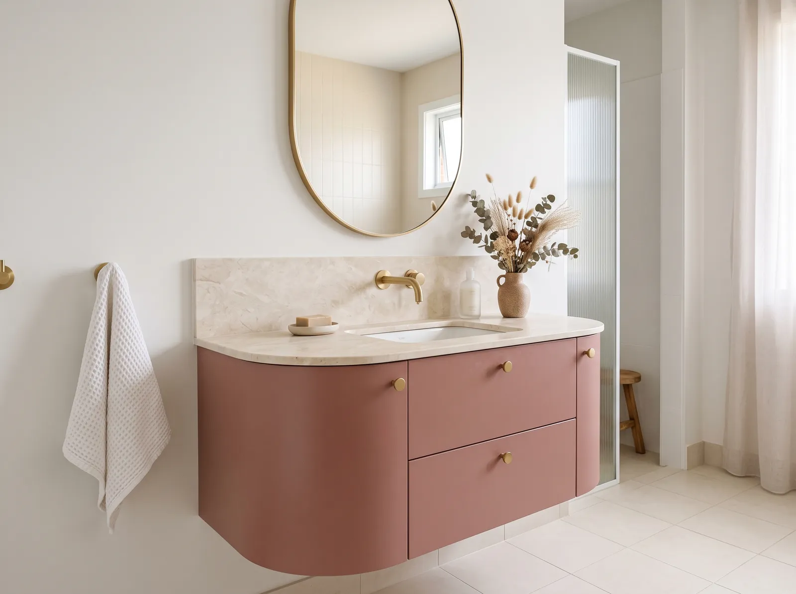 Vanity painted in Pure White — Dusty Rose Vanity
