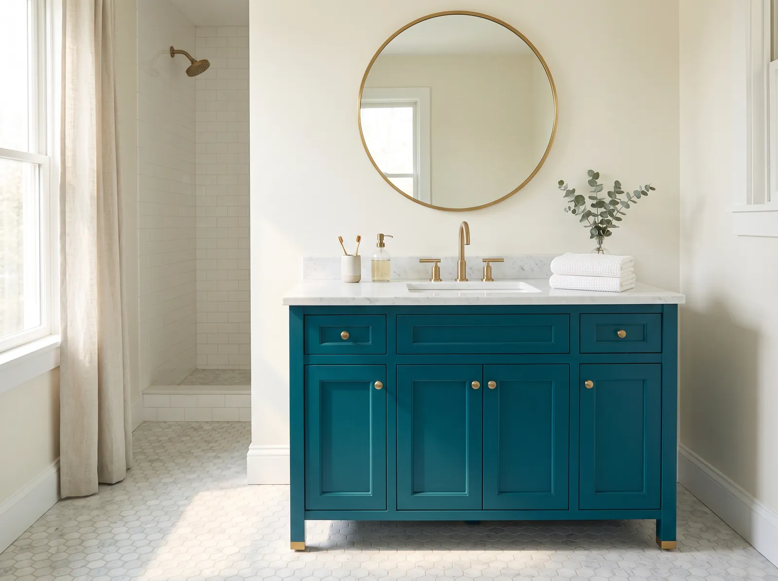 Vanity painted in White Dove — Deep Teal Vanity
