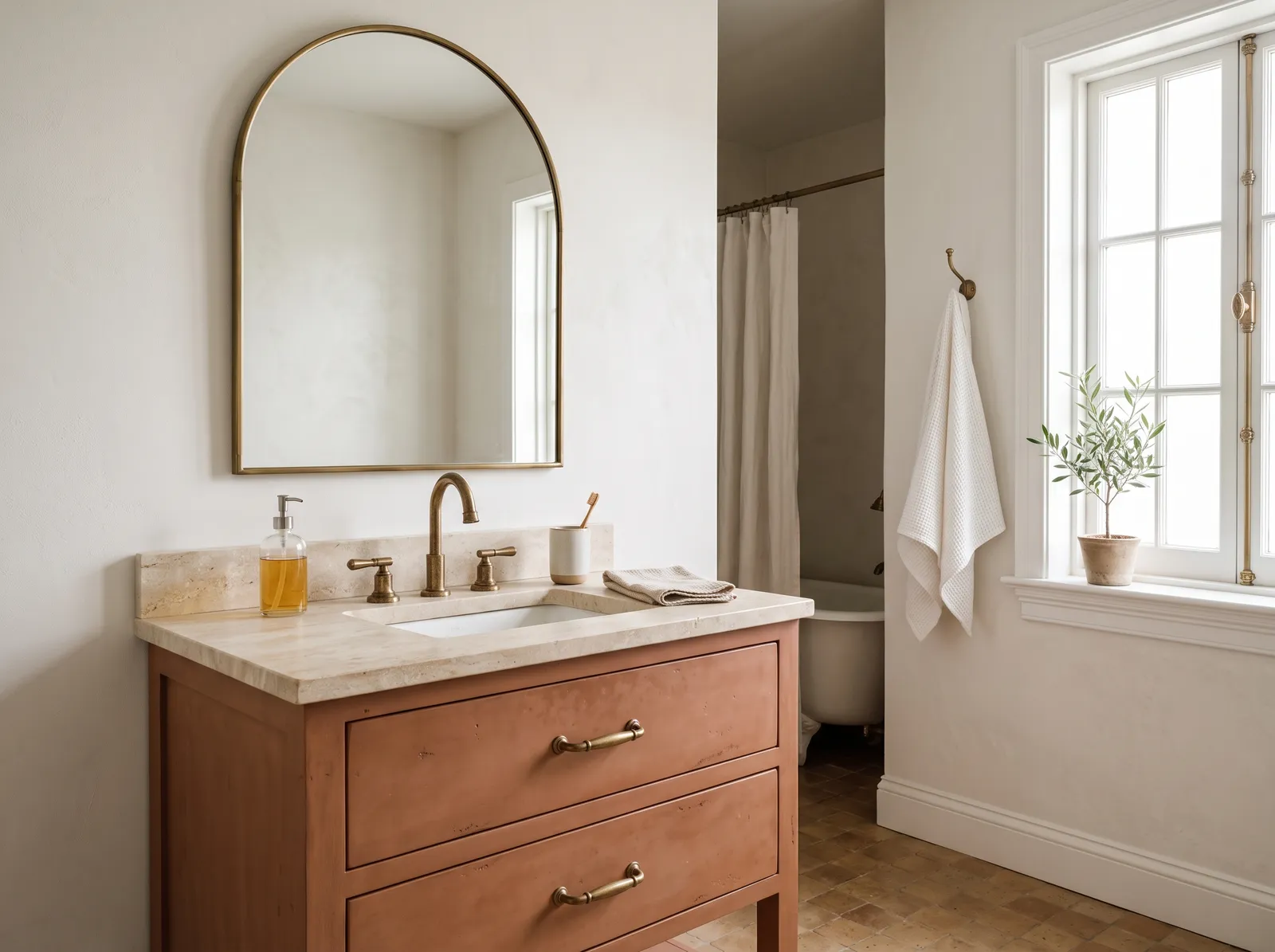 Vanity painted in White Dove — Warm Terracotta Vanity