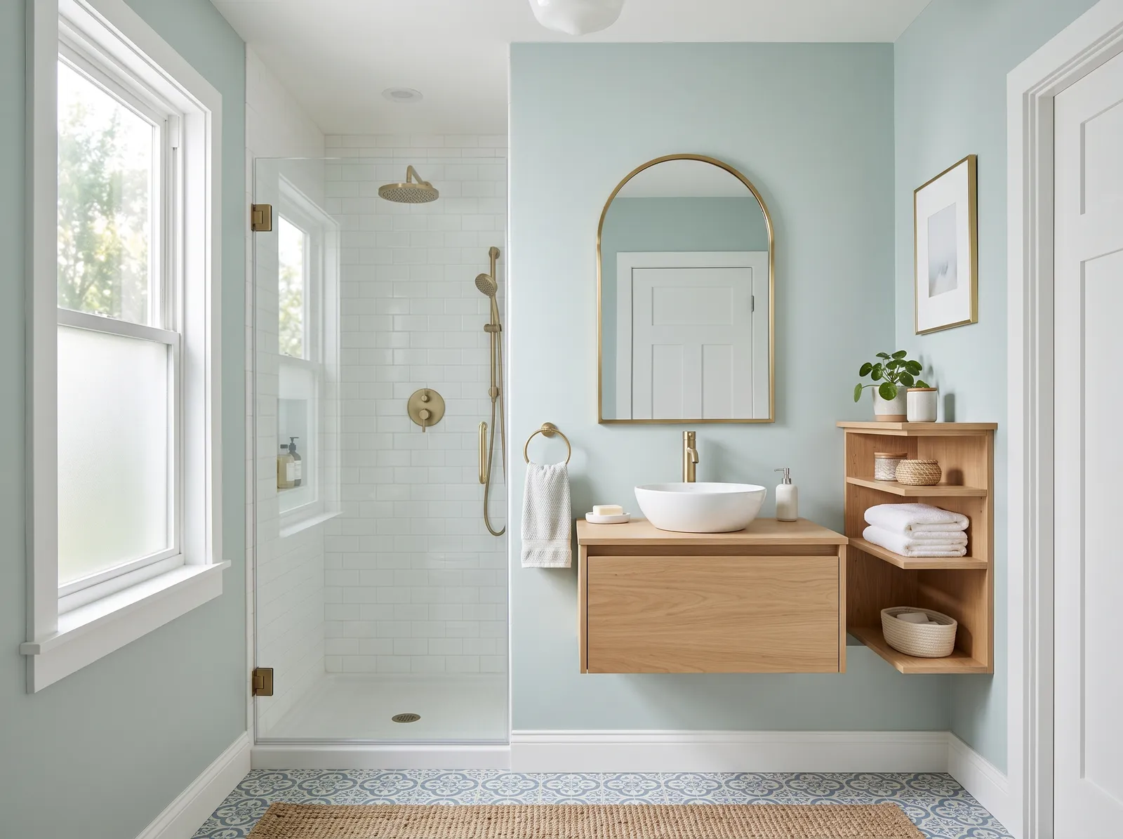 Bathroom painted in Quiet Breeze — Airy Small Bathroom