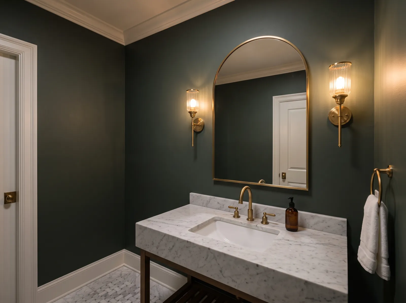 Bathroom painted in Essex Green — Deep Green Powder Room