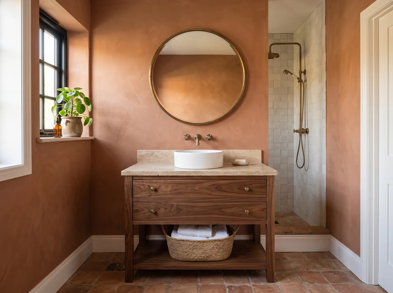 Bathroom painted in Work Worn Wood — Warm Terracotta