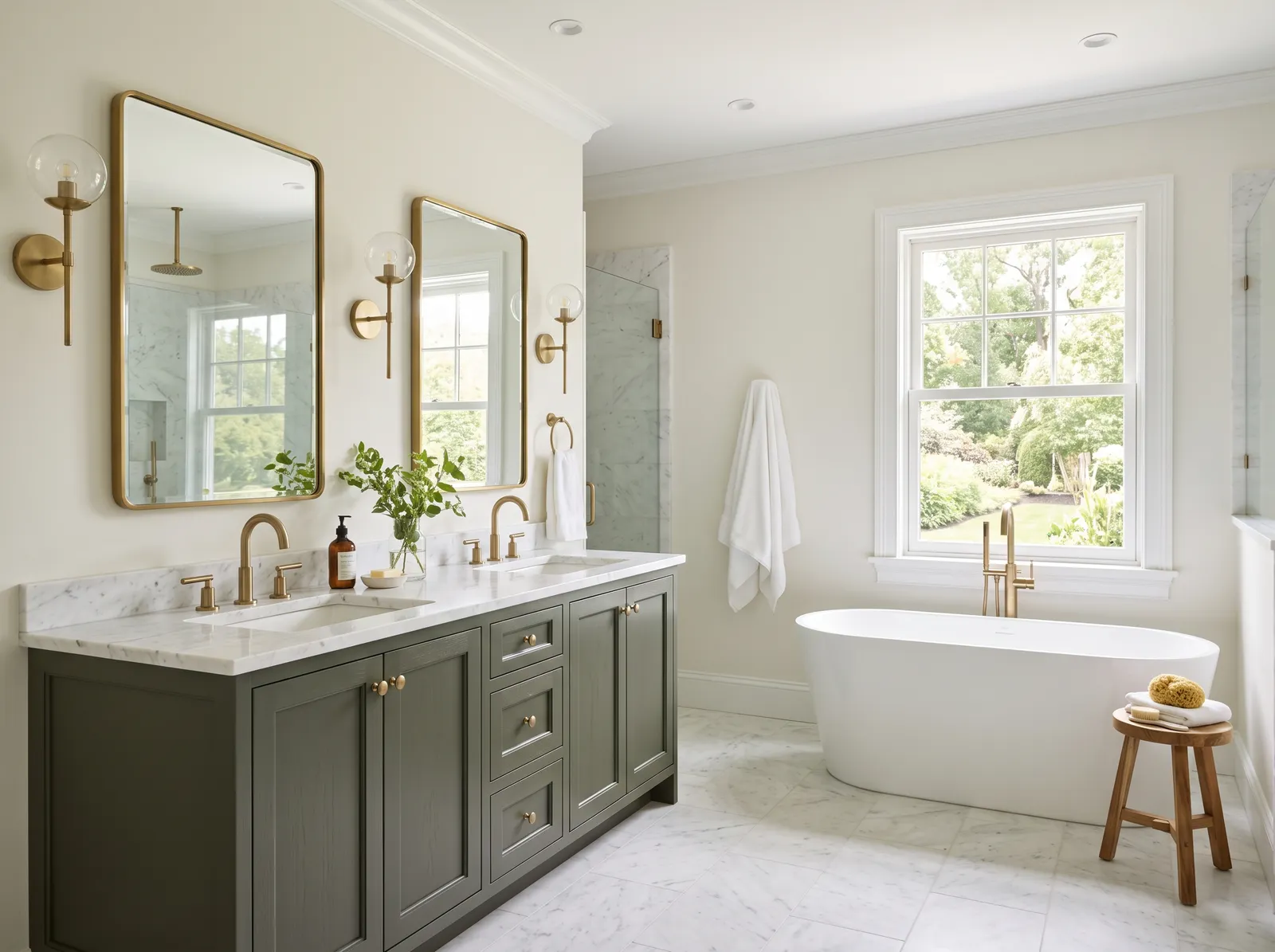 Master painted in White Dove — Green Double Vanity