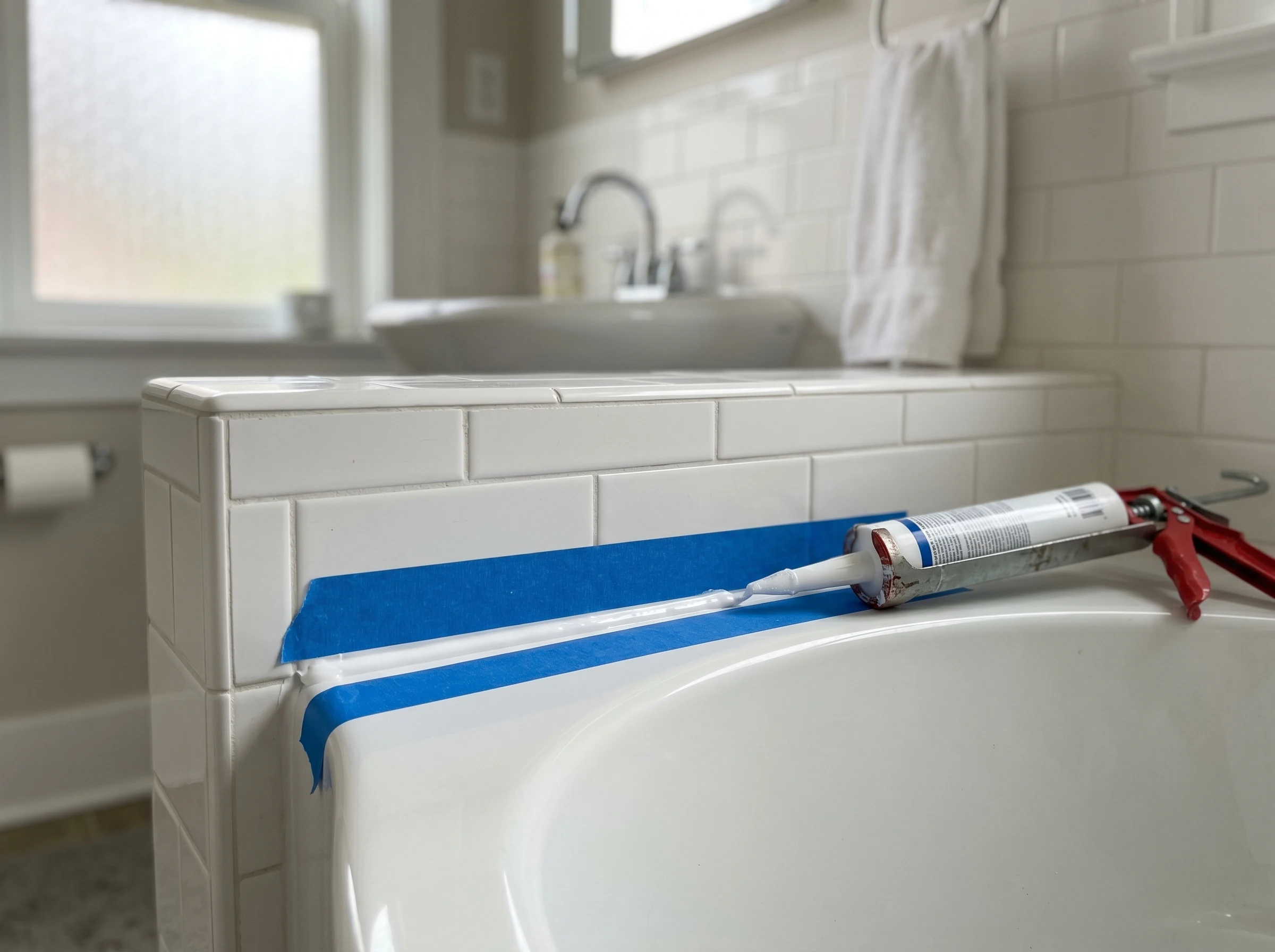 Fresh caulk bead being applied along a bathtub-to-wall joint before painting