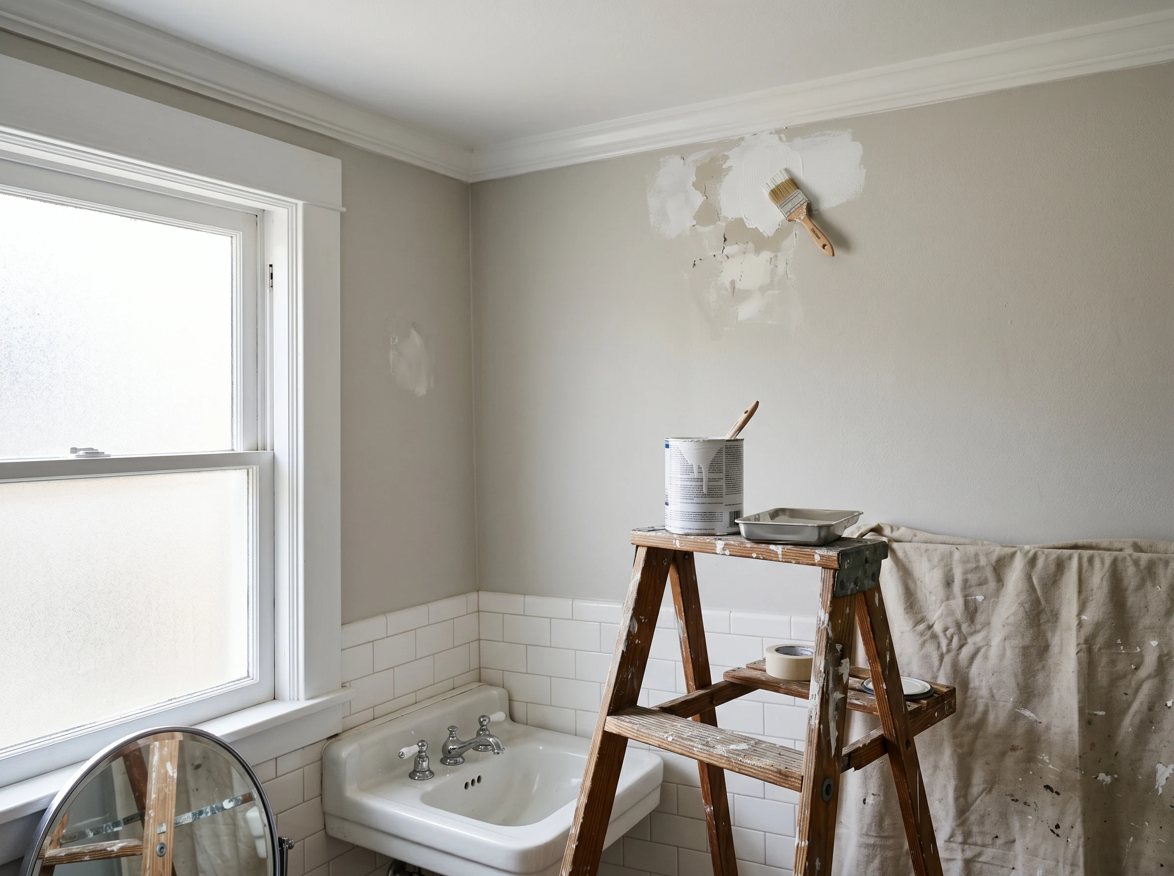 Bathroom wall being spot-primed with shellac primer on a small brush