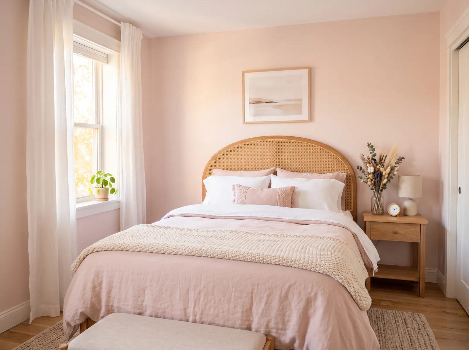 Bedroom painted in Tapestry Beige — Blush Pink Glow