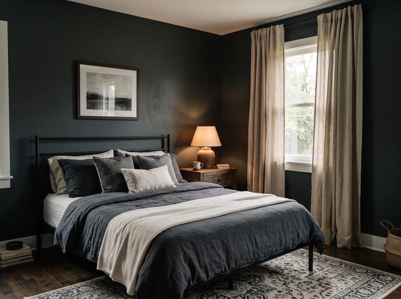 Bedroom painted in Blackout — Charcoal Cocoon