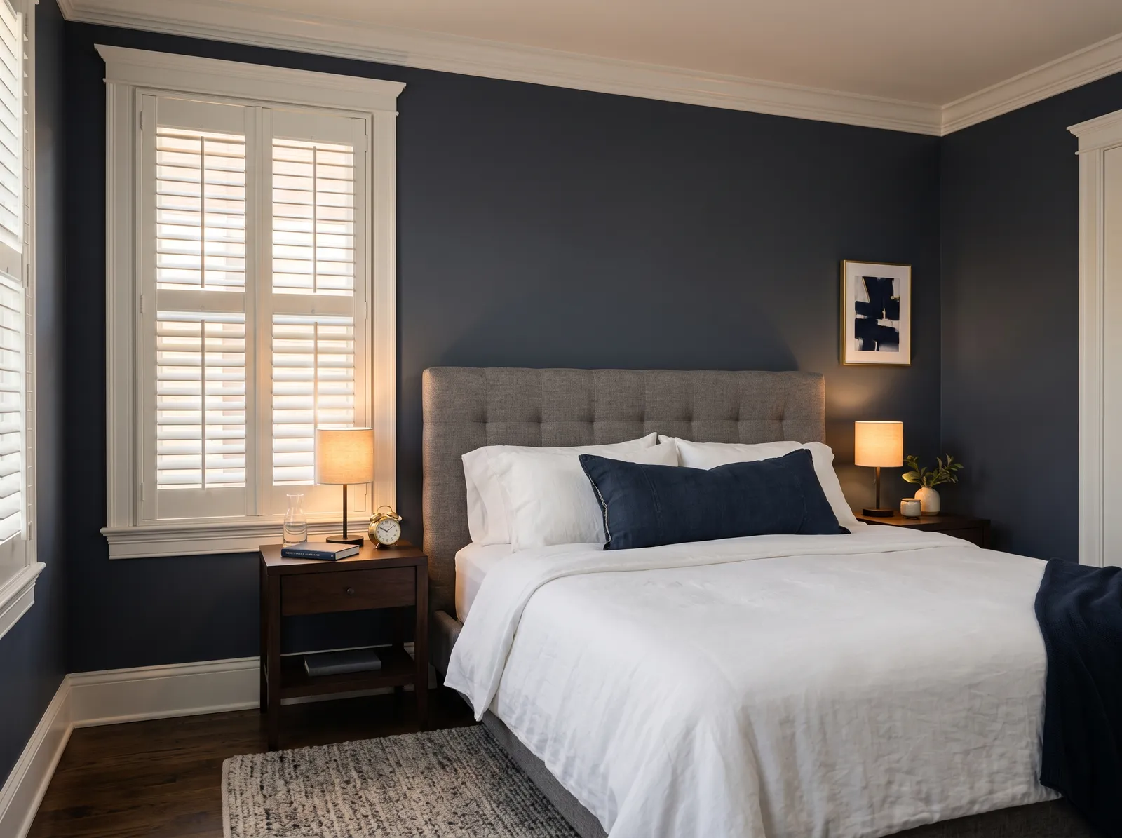 Bedroom painted in Gotham Gray — Deep Navy Cocoon