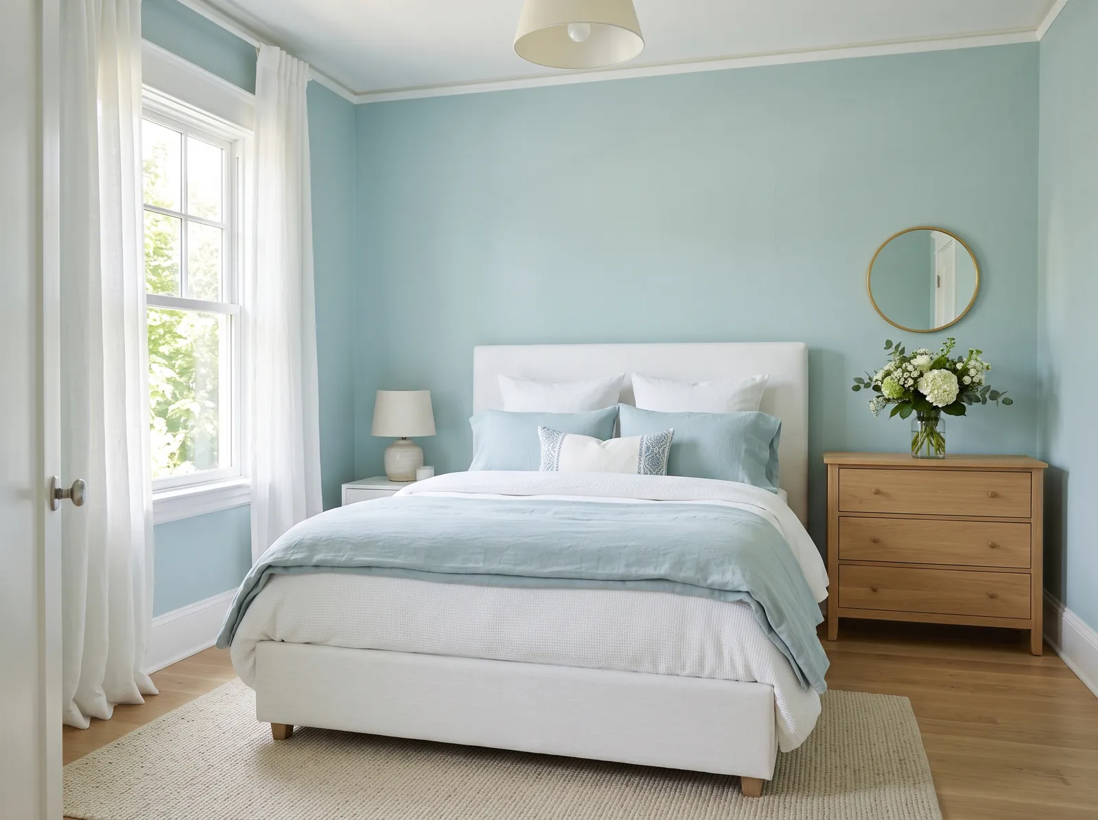 Bedroom painted in Rest Assured — Spa Blue Breath