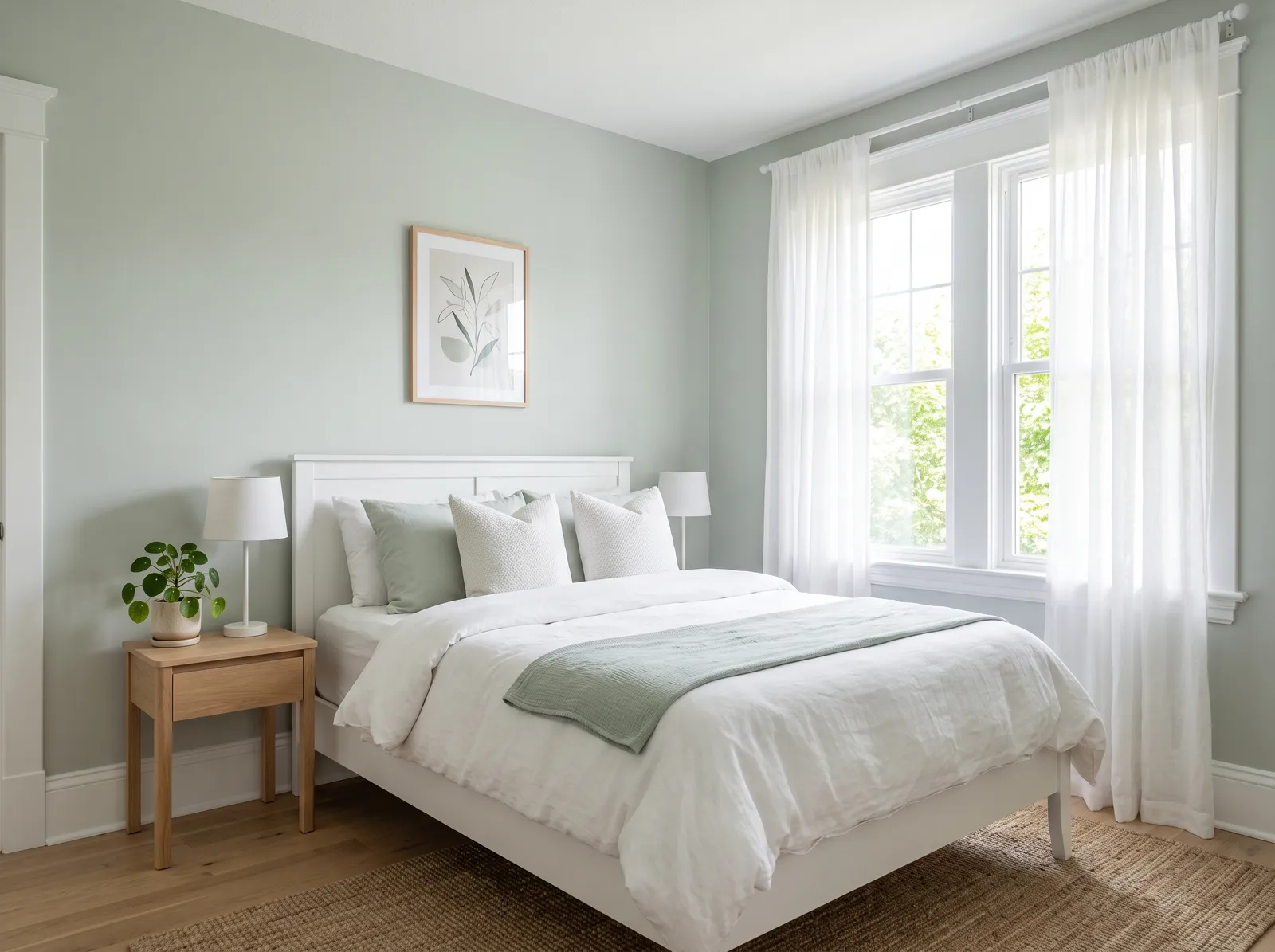 Bedroom painted in Silvered Sage — Spa Green Favorite