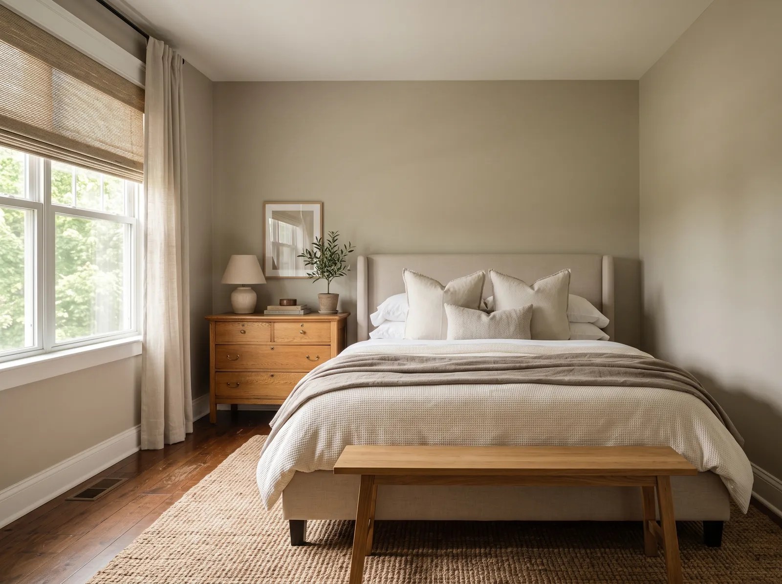 Bedroom painted in China Clay — Warm Greige Ease