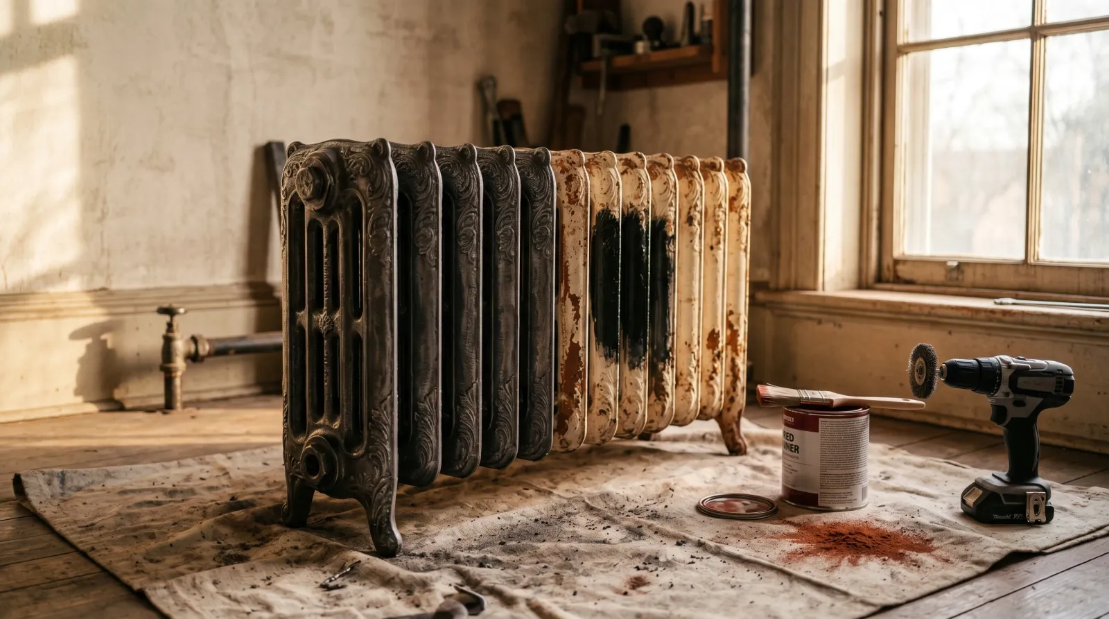 Vintage cast-iron radiator mid-restoration on a drop cloth, half wire-wheeled to bare grey iron and half showing original paint with a black converter test patch
