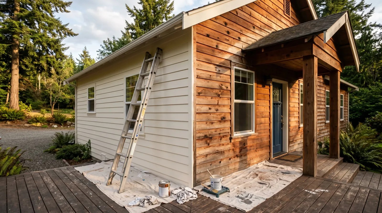 Western red cedar siding mid-paint job with one wall finished white and the adjacent wall still bare reddish cedar