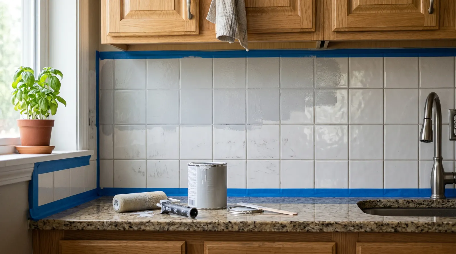 Kitchen ceramic tile backsplash mid-repaint, lower half scuffed dull and upper half primed, with foam roller and primer can on counter