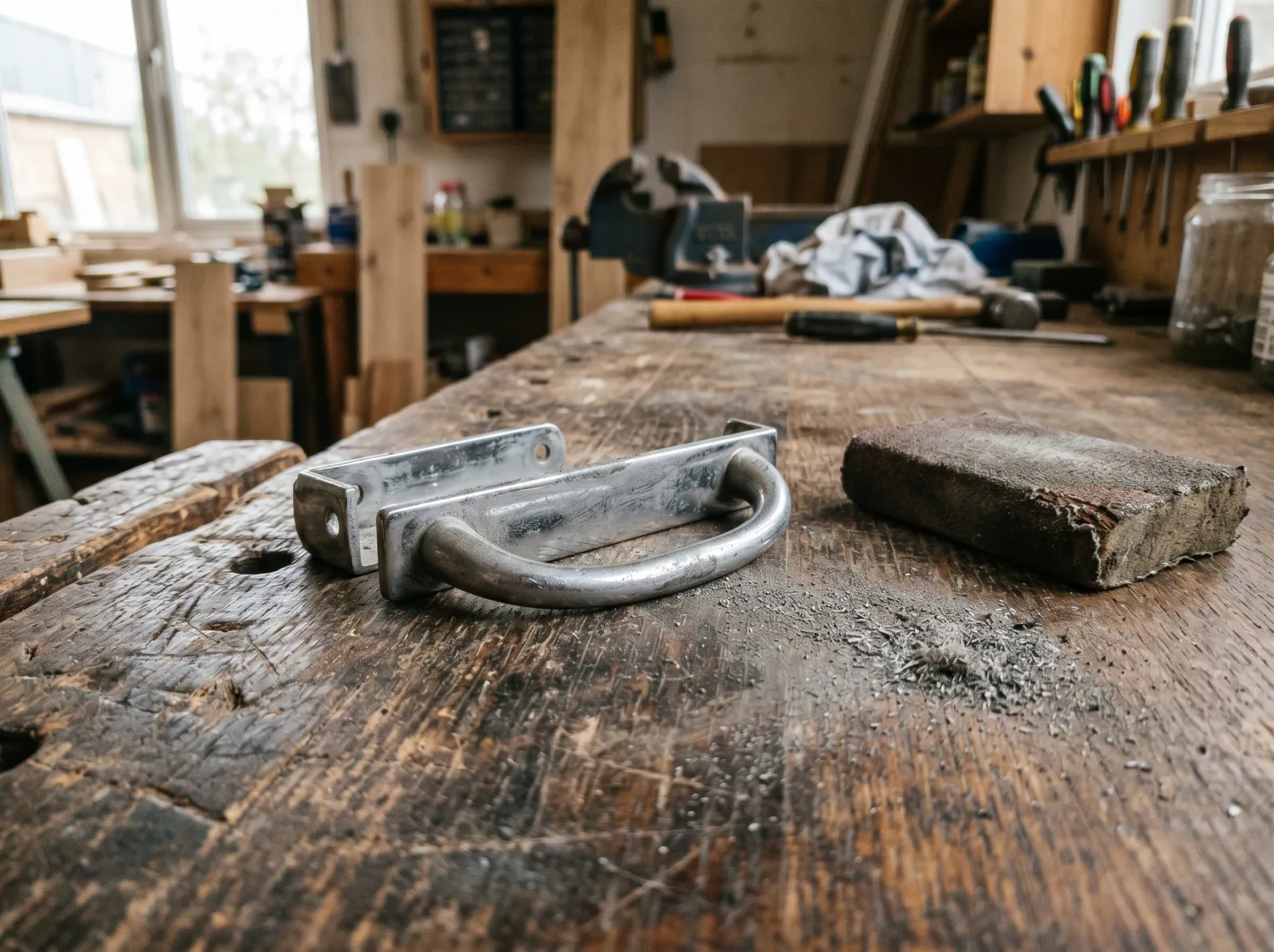 Chrome hardware scuffed to a uniform dull gray with the mirror shine sanded off, sanding sponge beside it