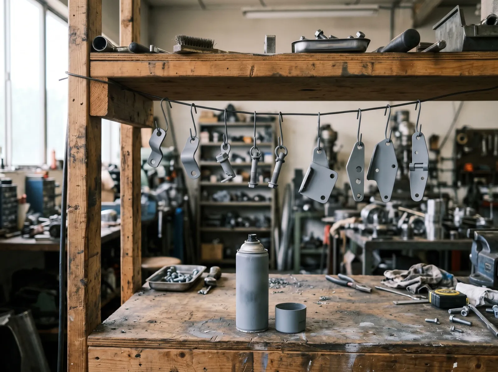 Chrome fixtures coated in flat gray self-etching primer, hung to dry