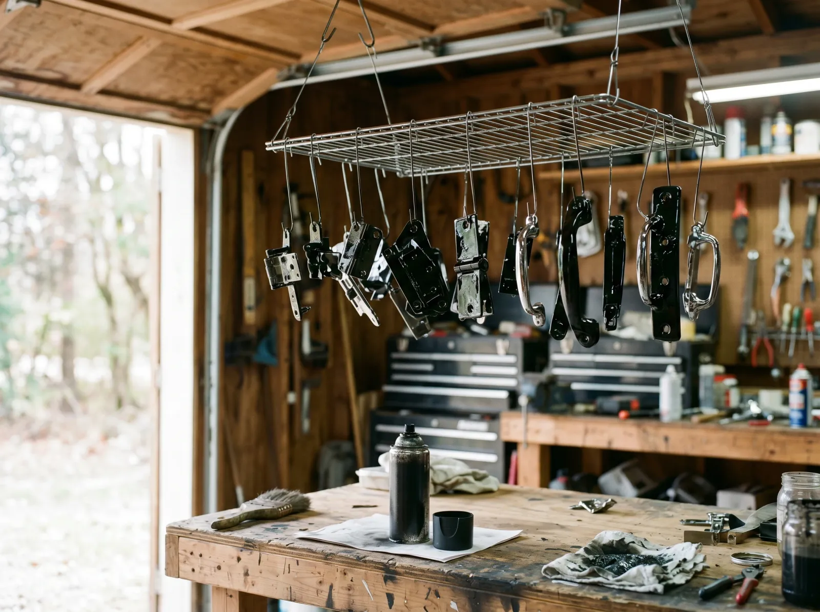 Former chrome fixtures coated in glossy black enamel, first color coat drying on a rack